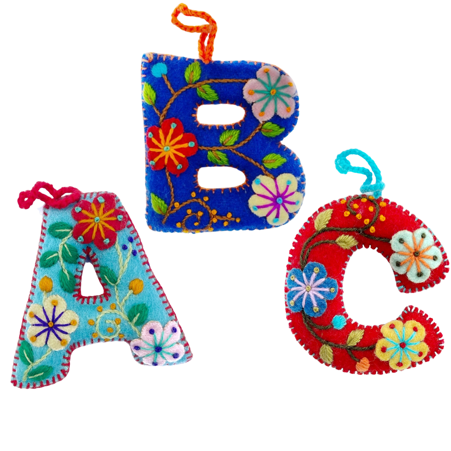 Colorful Letter Ornament, Embroidered Wool