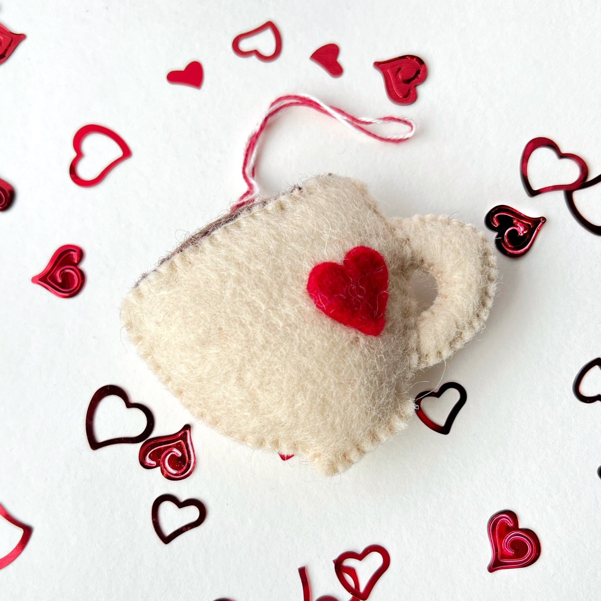 latte coffee mug ornament with tiny heart for Christmas tree