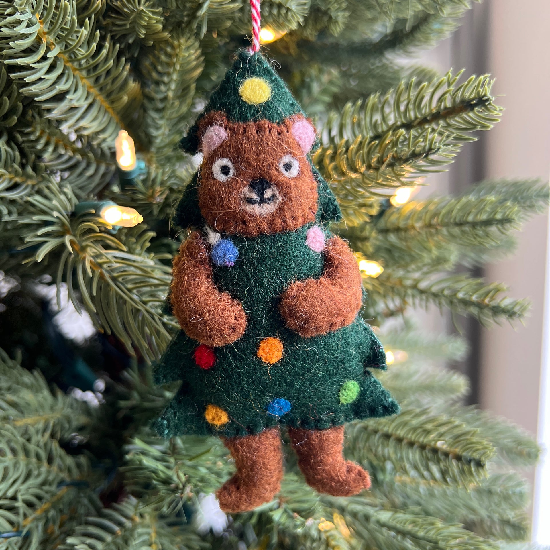 Bear in Christmas Tree Ornament, Felt Wool