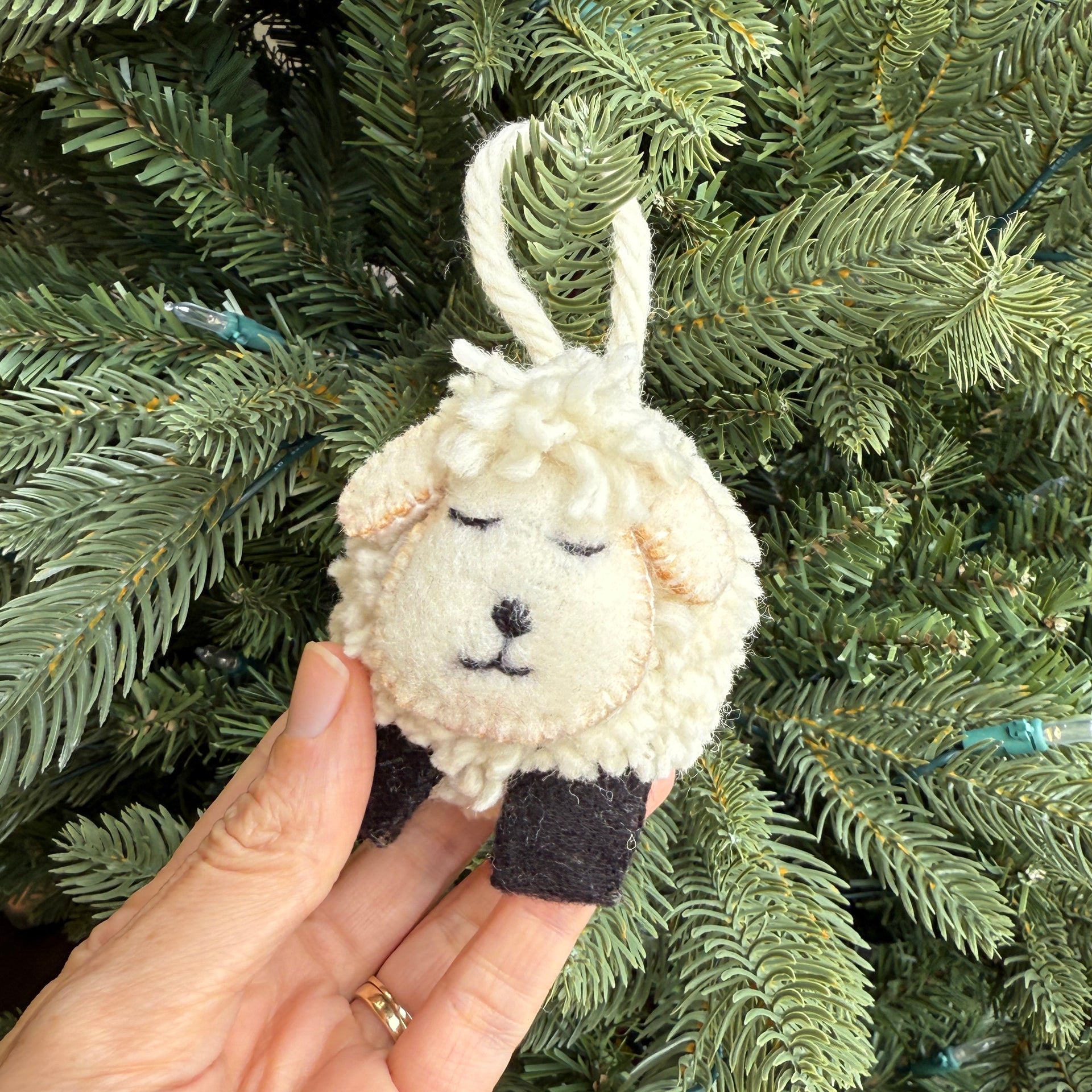 Pom Pom Sheep Ornament, Embroidered Wool