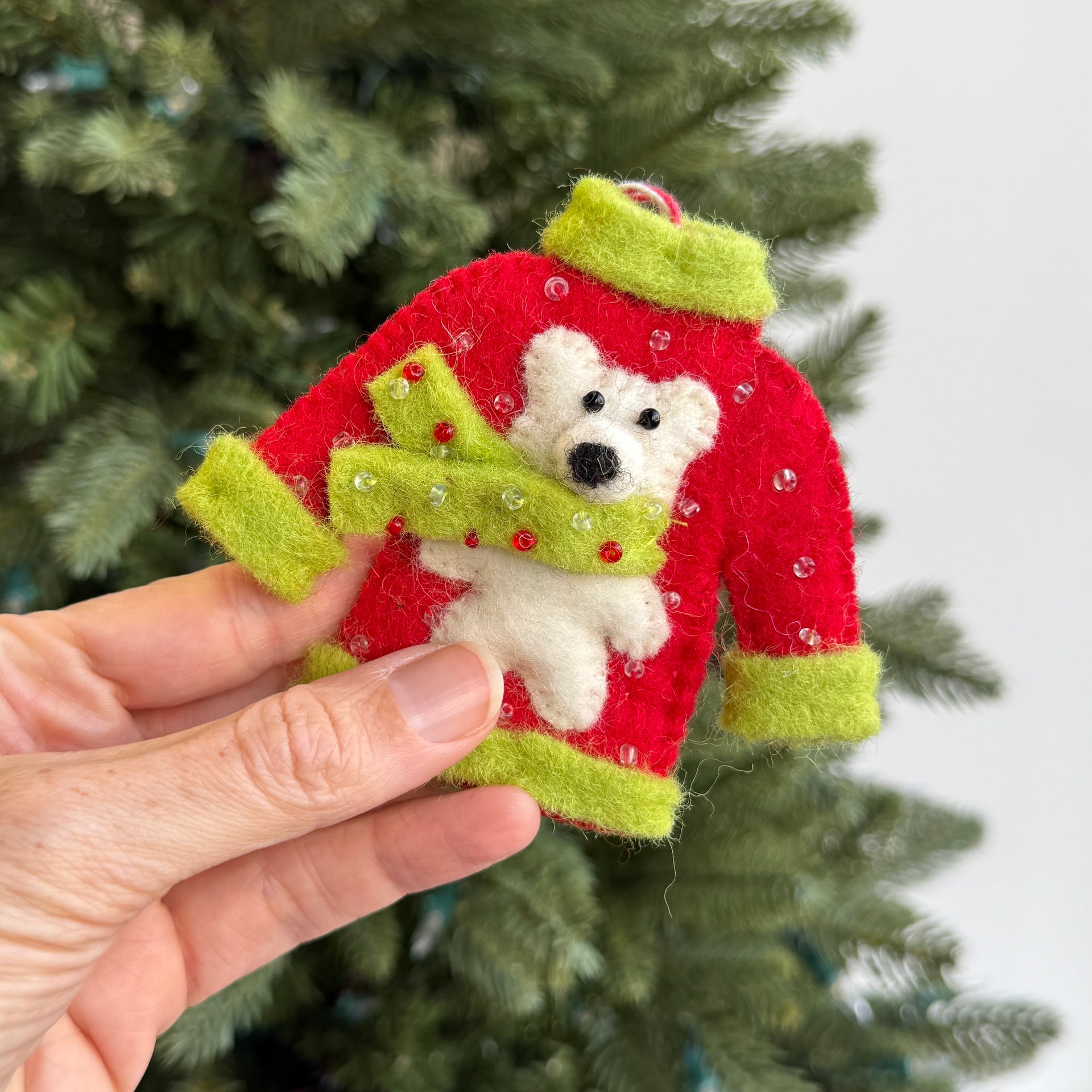 Ugly Christmas Sweater Polar Bear Ornament, Felt Wool