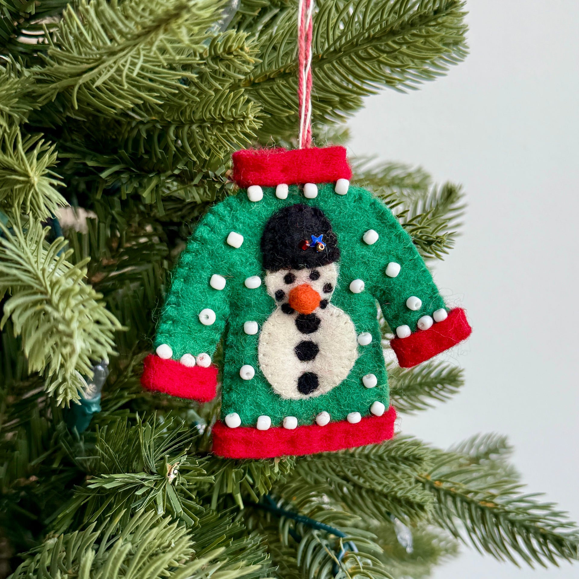 Ugly Christmas Sweater Snowman Ornament, Felt Wool