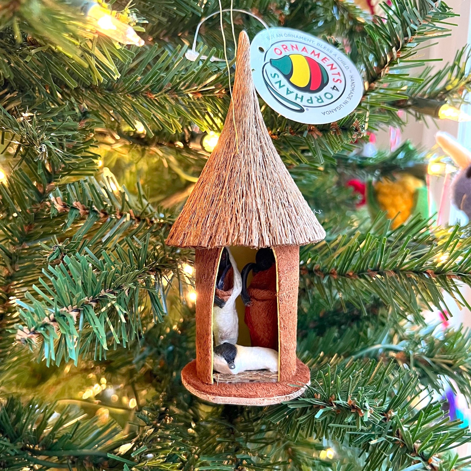 Bark Cloth Hut Nativity Ornament