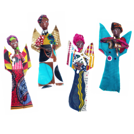 Set of four black angel Christmas ornaments from Africa. 