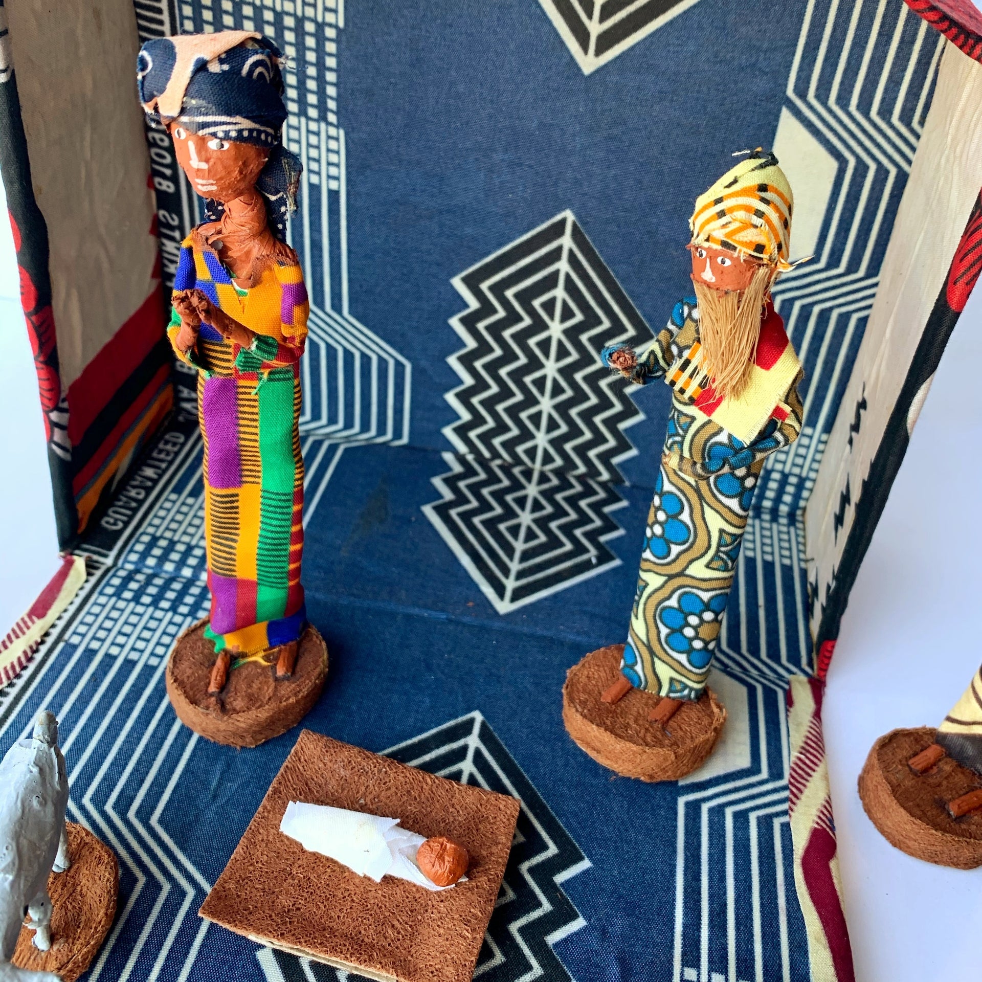 Handmade holy family figures in fair trade African nativity set.