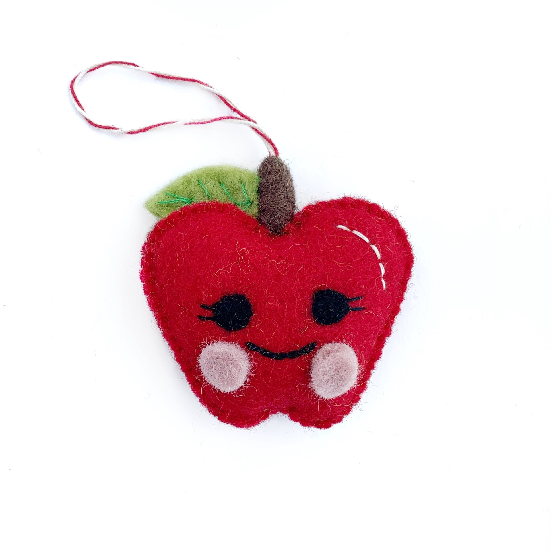 Smiling Apple Ornament, Felt Wool