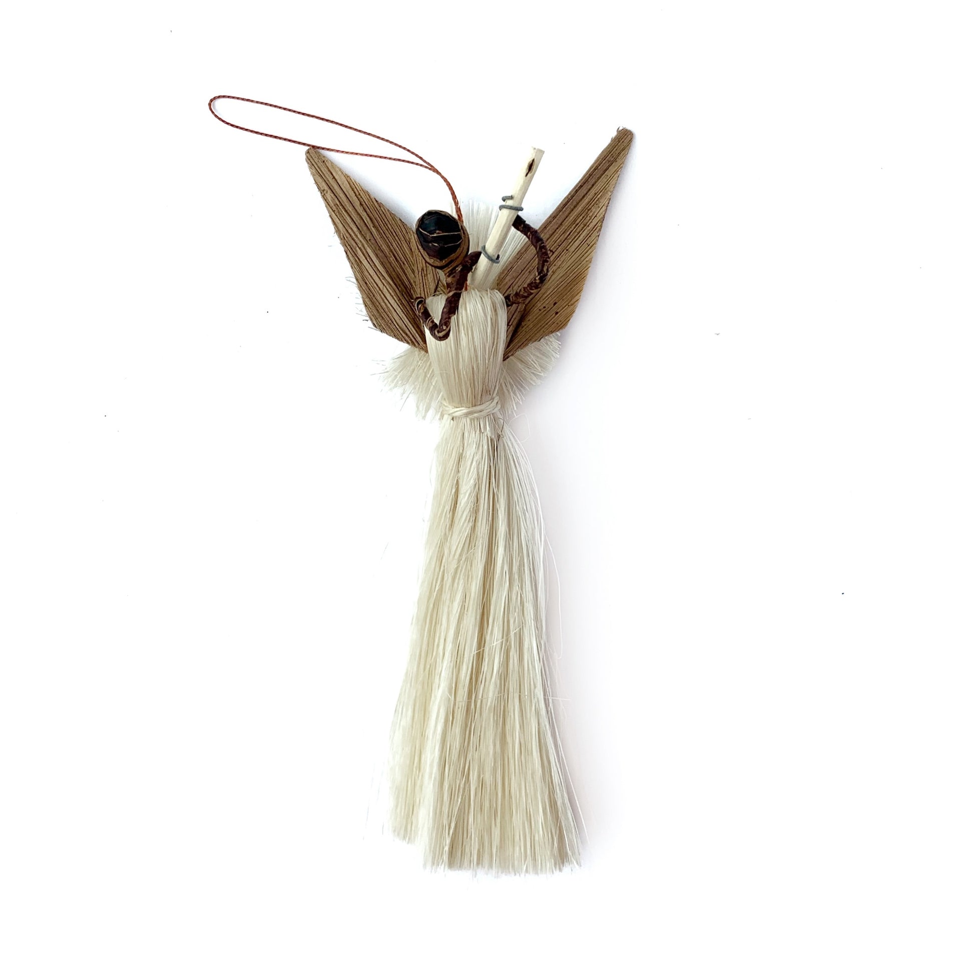 Natural banana fiber angel with flute from Ornaments 4 Orphans handmade in Kenya, Africa.