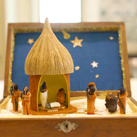 Bark Cloth Figurine Nativity Set with Empty Hut