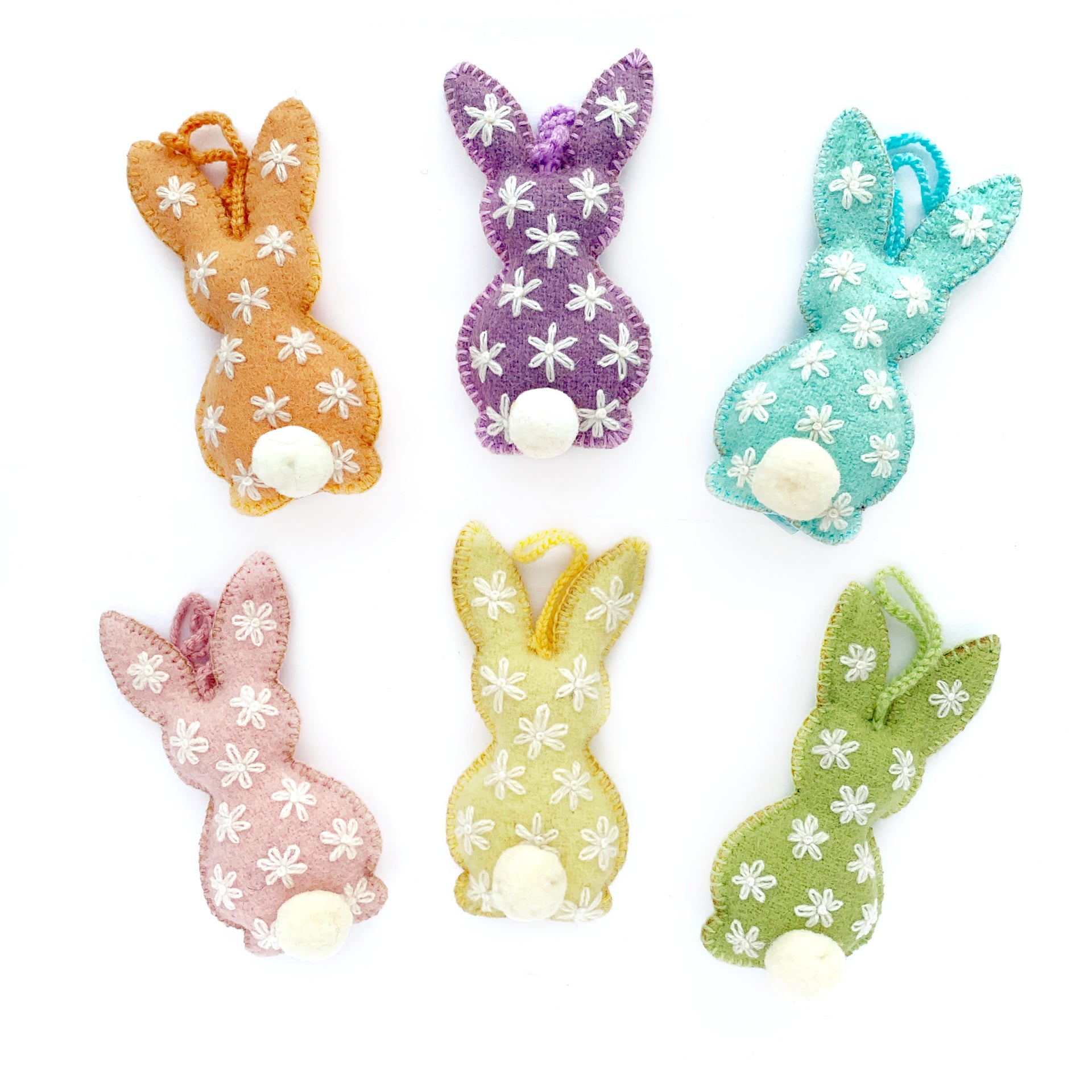 Easter Bunny Ornaments with Embroidered Flowers