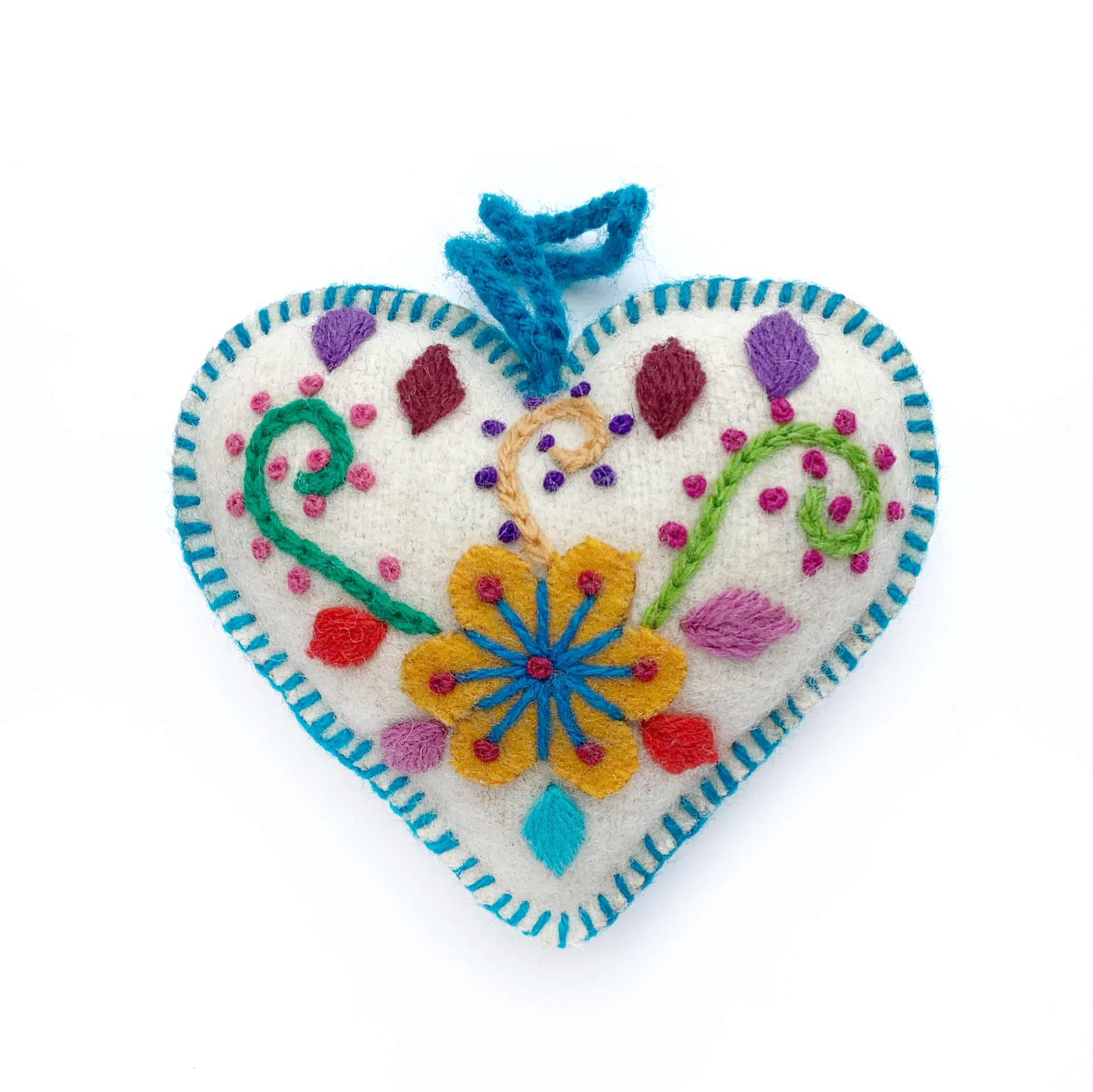 Heart Ornament, Multicolor Embroidered Wool