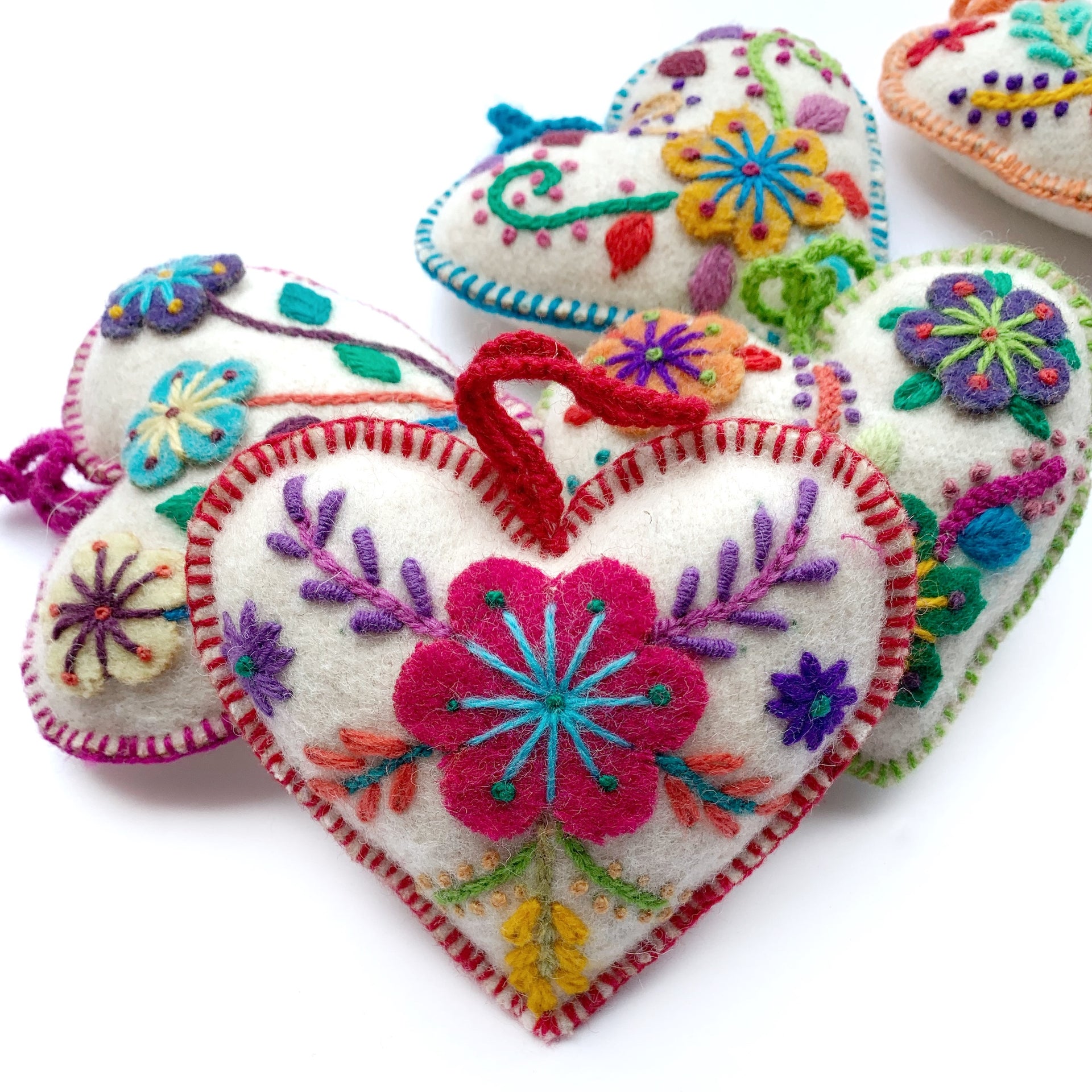 Heart Ornament, Multicolor Embroidered Wool