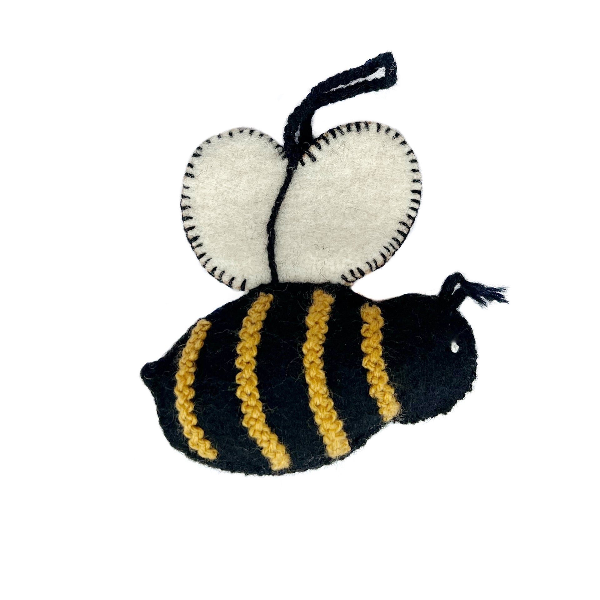 Handmade embroidered bee ornament flying with wings up.