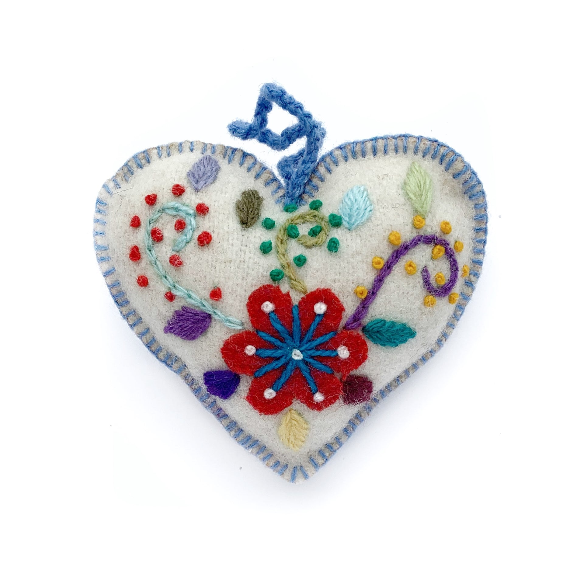 Heart Ornament, Multicolor Embroidered Wool