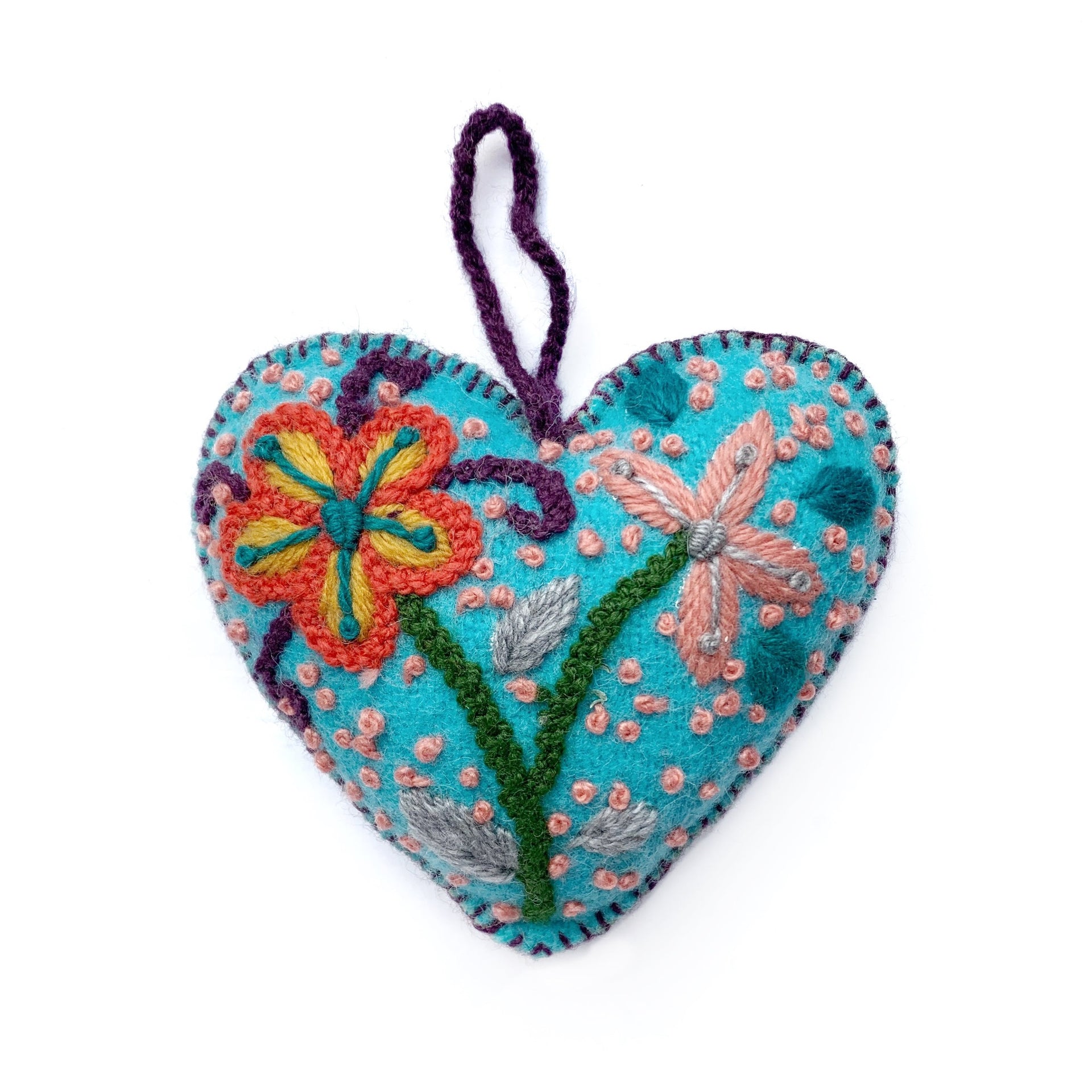 Blue Heart Christmas Ornament Embroidered Wool Fair Trade