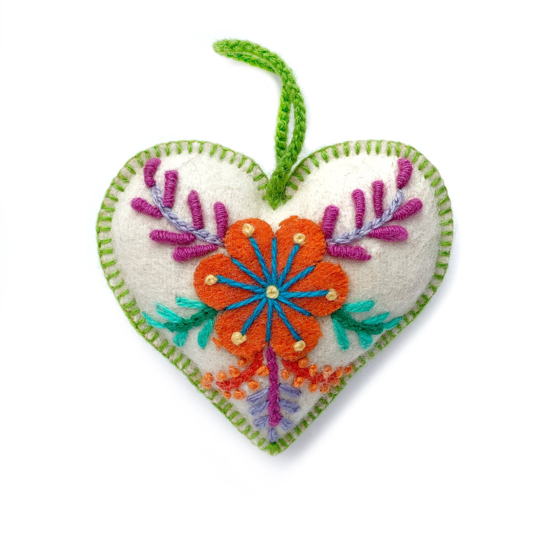 Heart Ornament, Multicolor Embroidered Wool