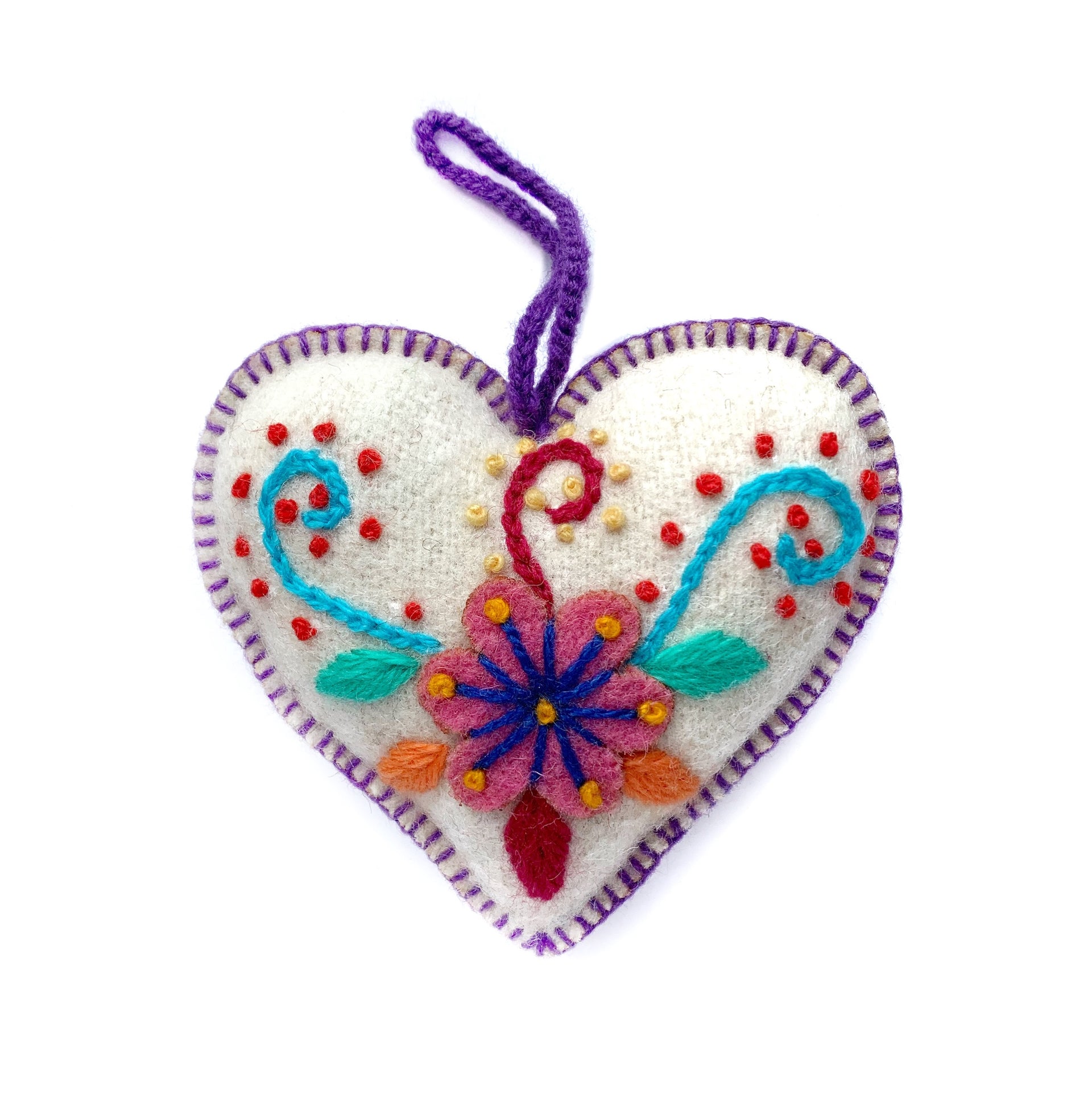 Heart Ornament, Multicolor Embroidered Wool