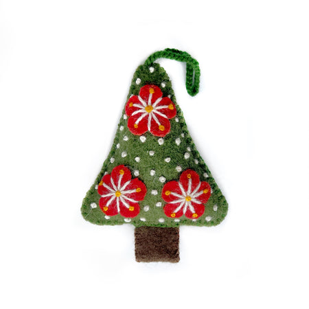 Green Tree Ornament, Embroidered Wool