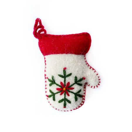 White Mitten Ornament, Embroidered Wool