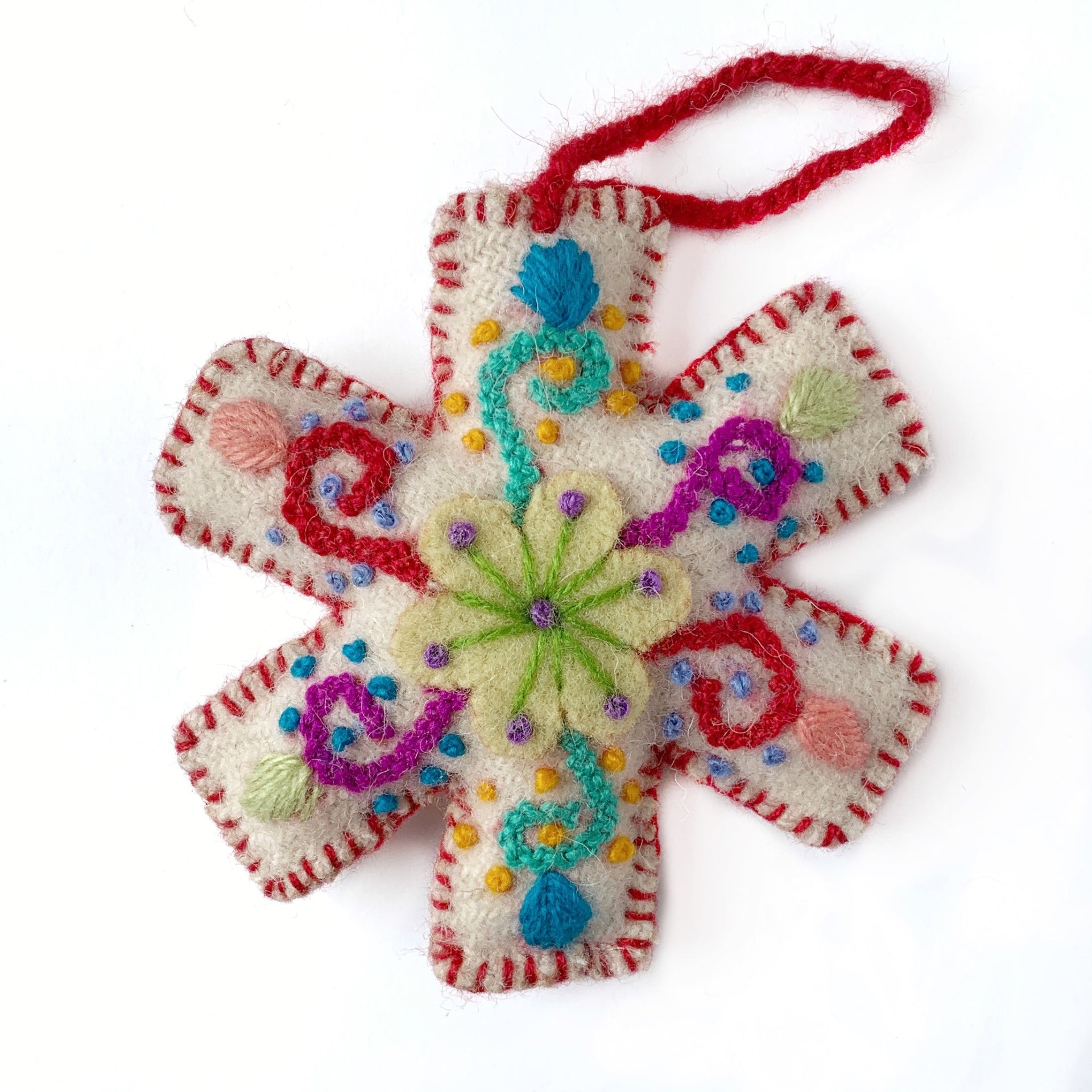 Embroidered Snowflake Ornament Red Handmade Peru
