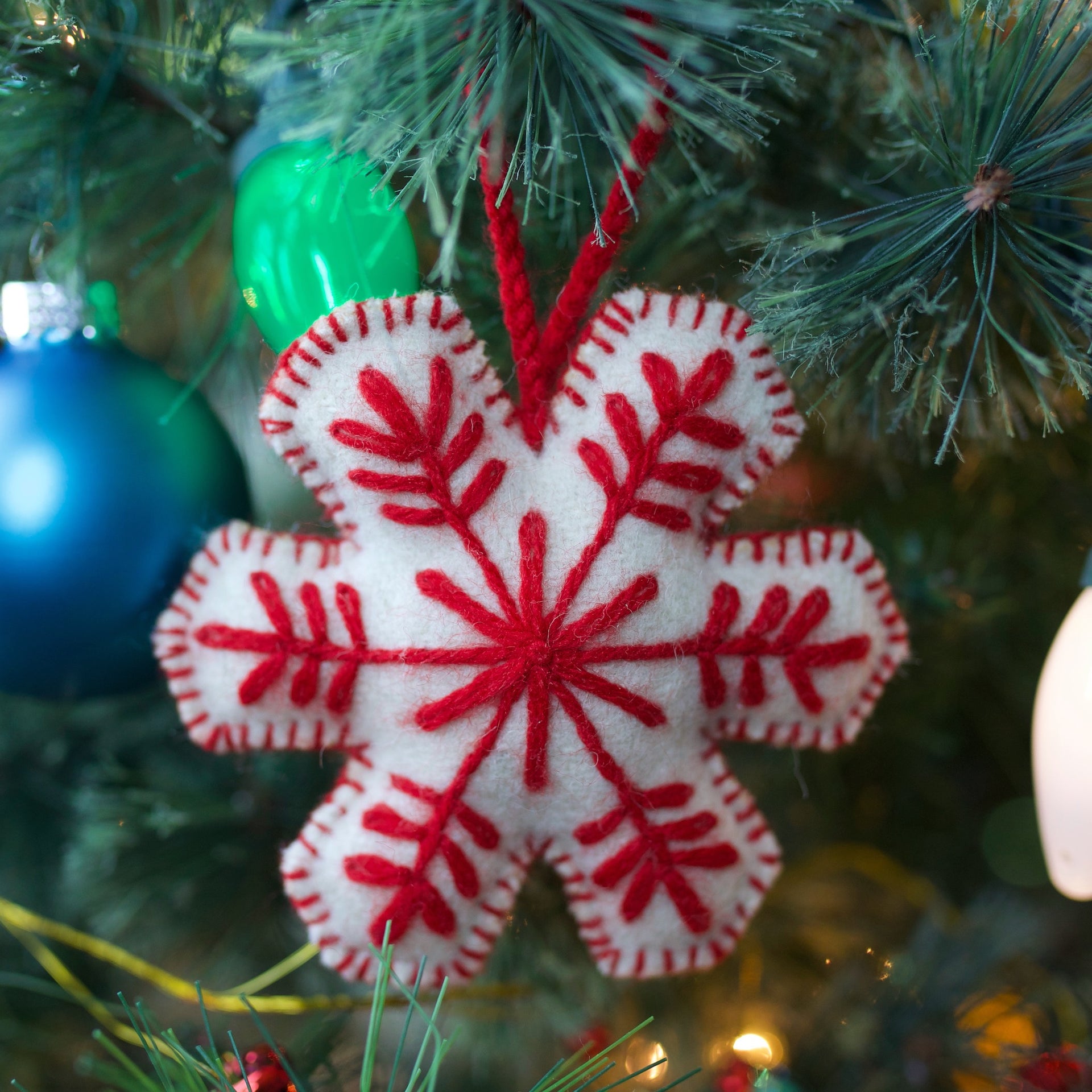 Snowflake Trio Embroidered Wool Ornament, Solid Colors