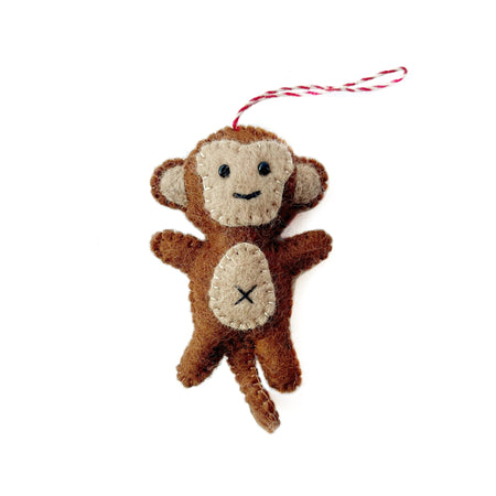 Cute felt monkey Christmas Ornament handmade and fair trade.