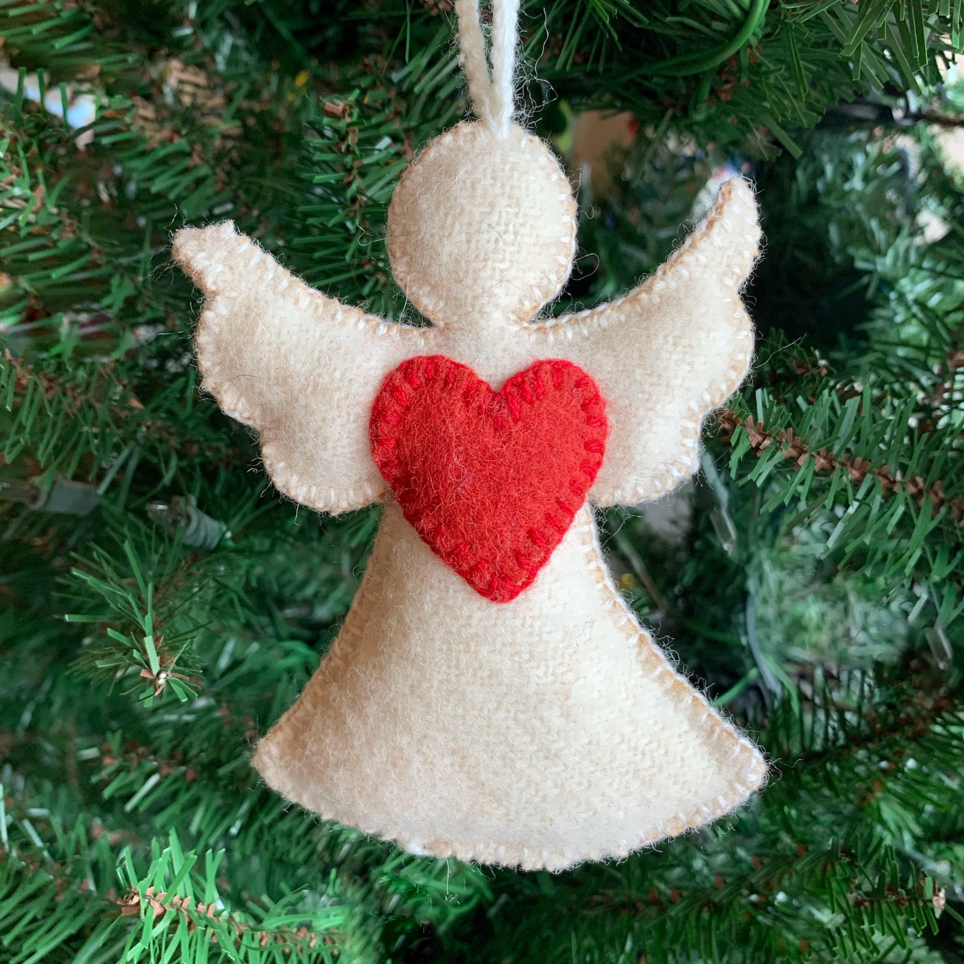 Angel Heart Embroidered Wool Christmas Ornament on Tree Handmade Fair Trade