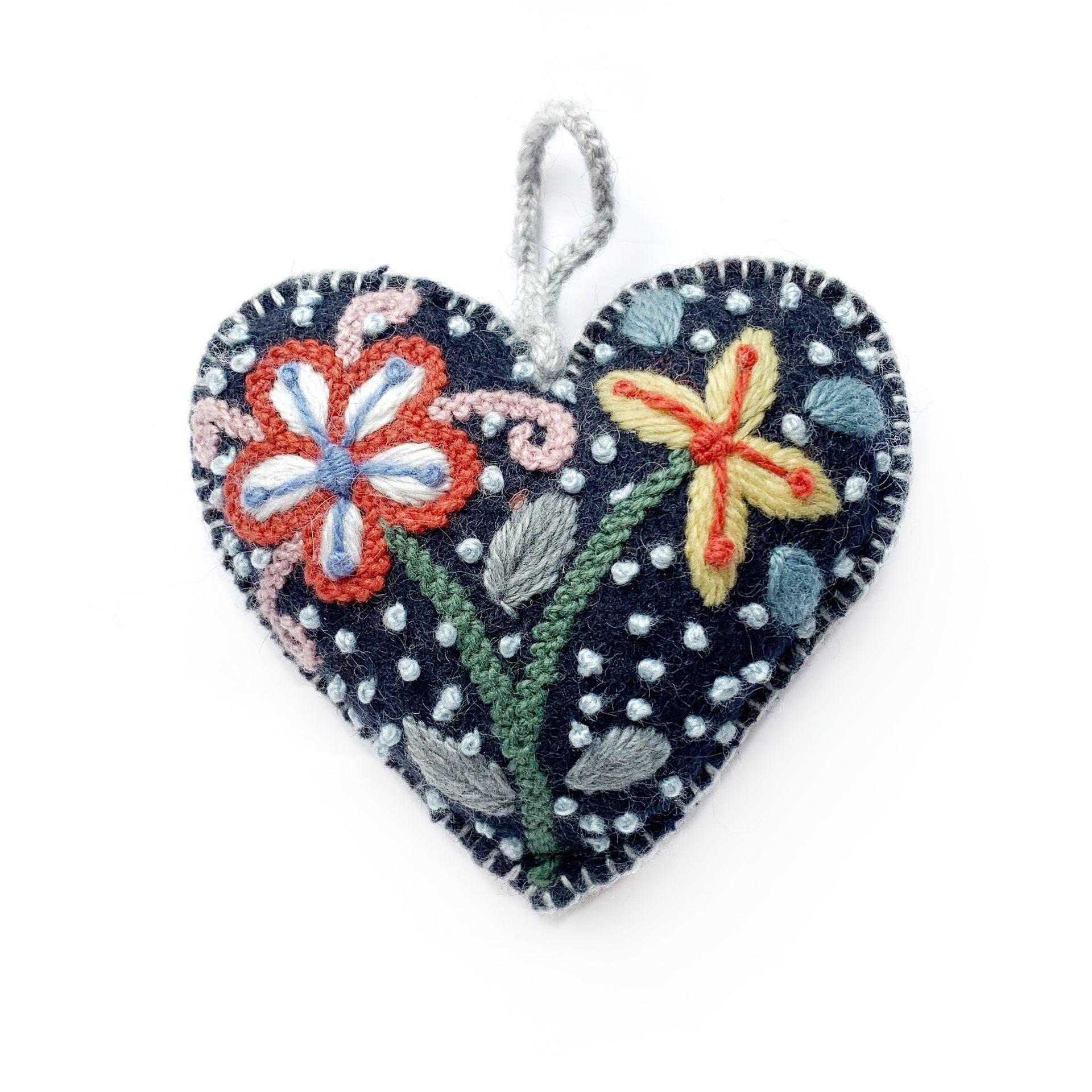 Navy Blue Heart Embroidered Christmas Ornament from Peru Fair Trade