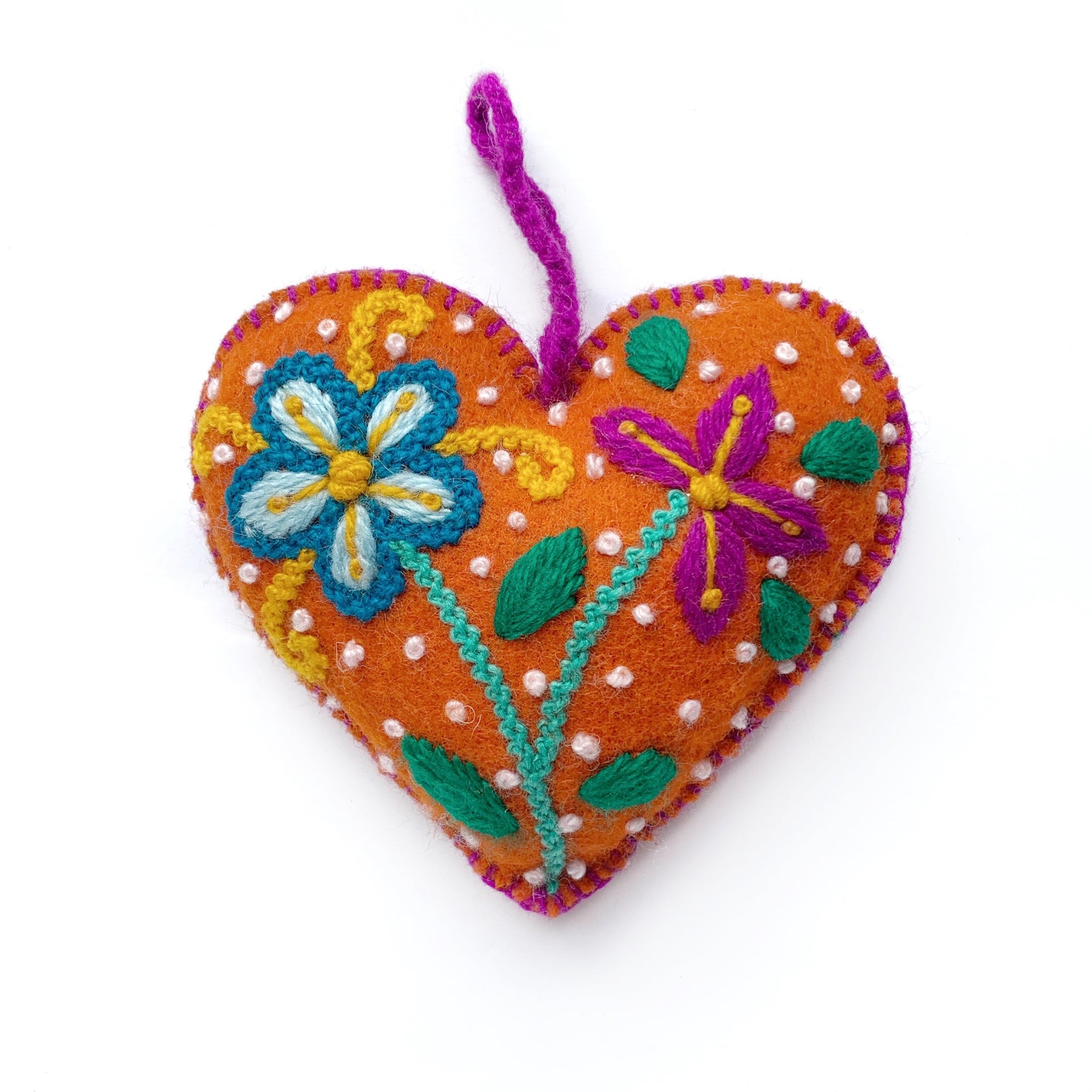 Orange Heart Christmas Ornament Embroidered Wool Fair Trade
