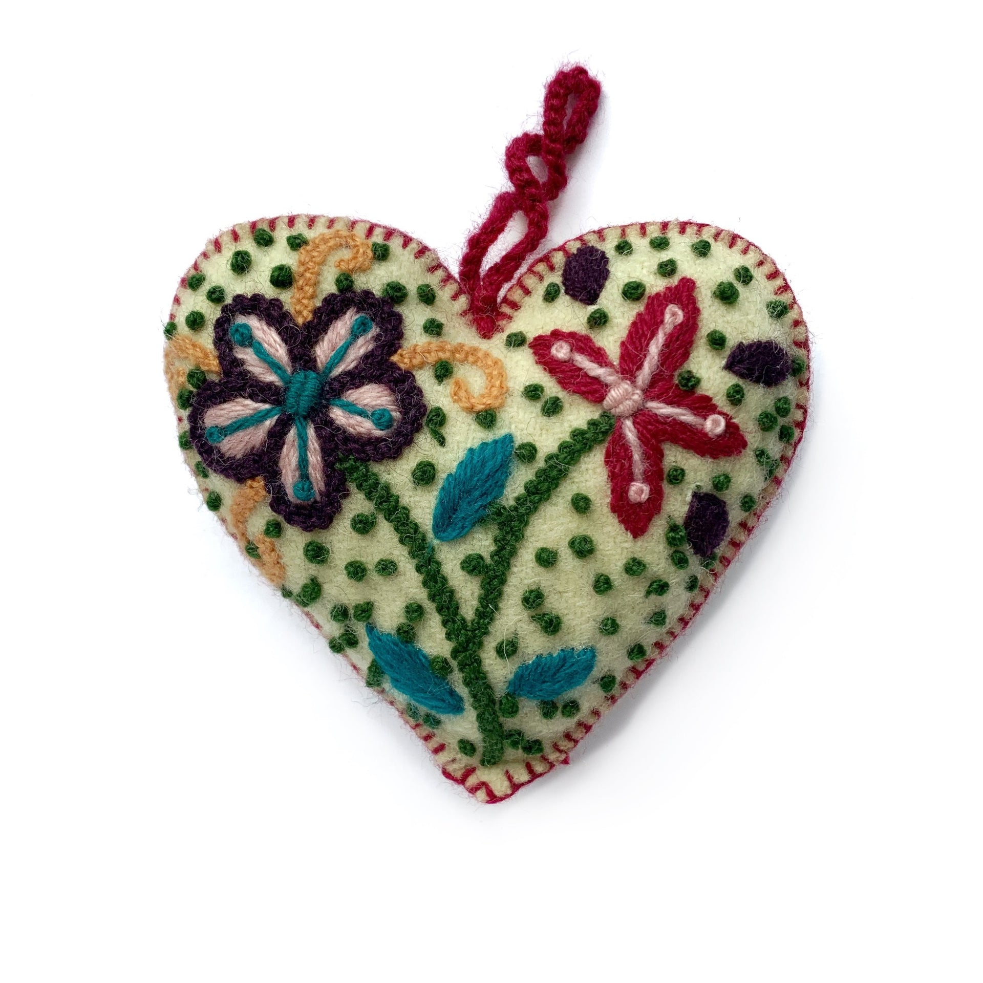 Yellow Heart Christmas Ornament Embroidered Wool Fair Trade