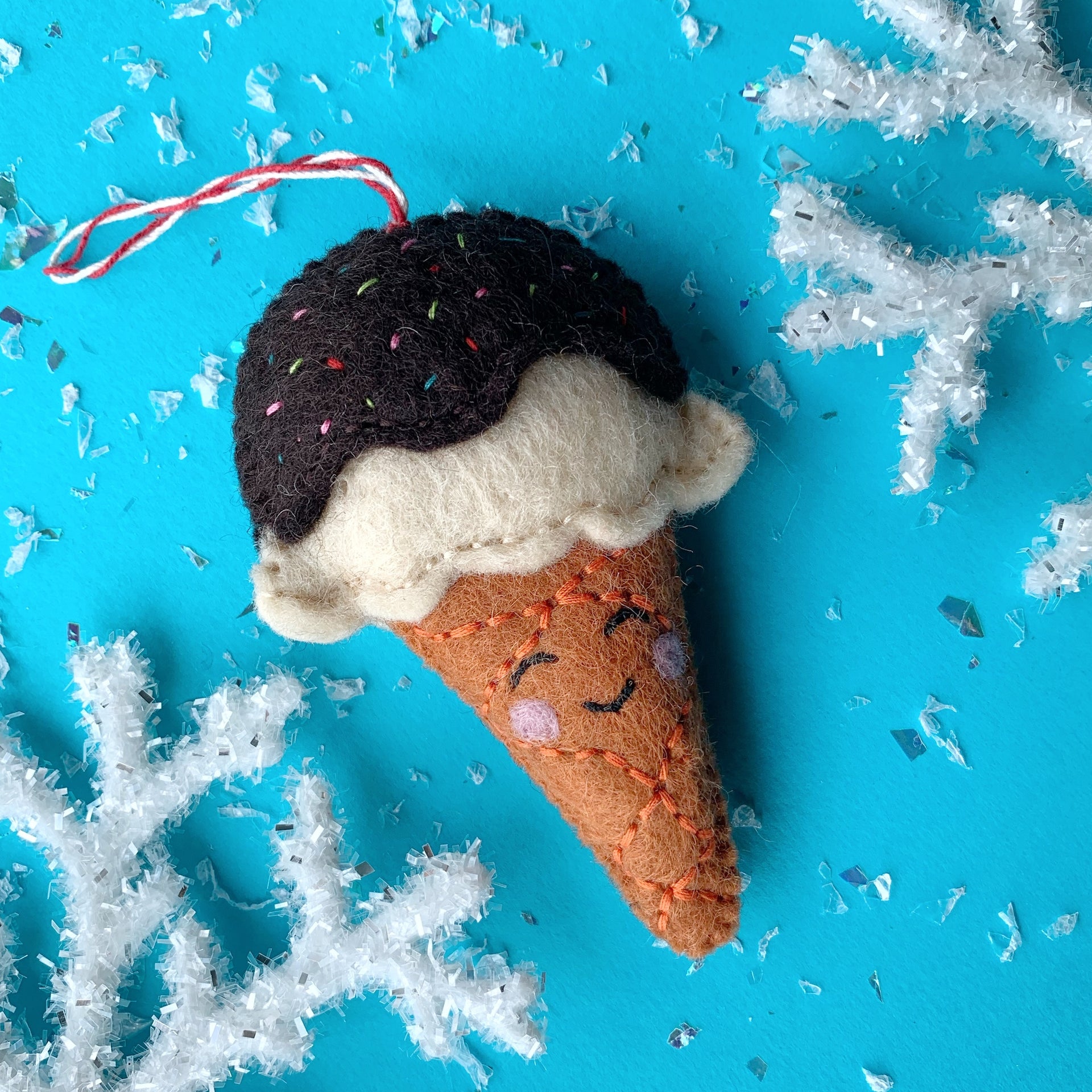 Smiling Ice Cream Ornament, Felt Wool
