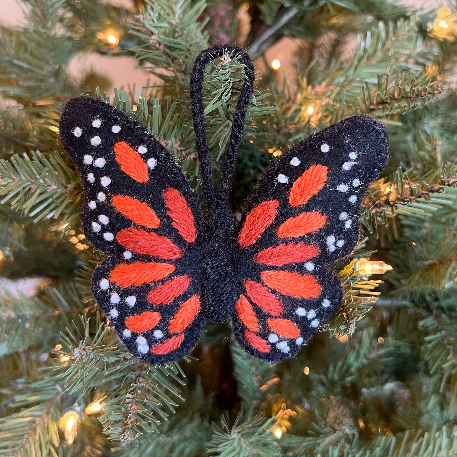 Monarch Butterfly Ornament, Embroidered Wool