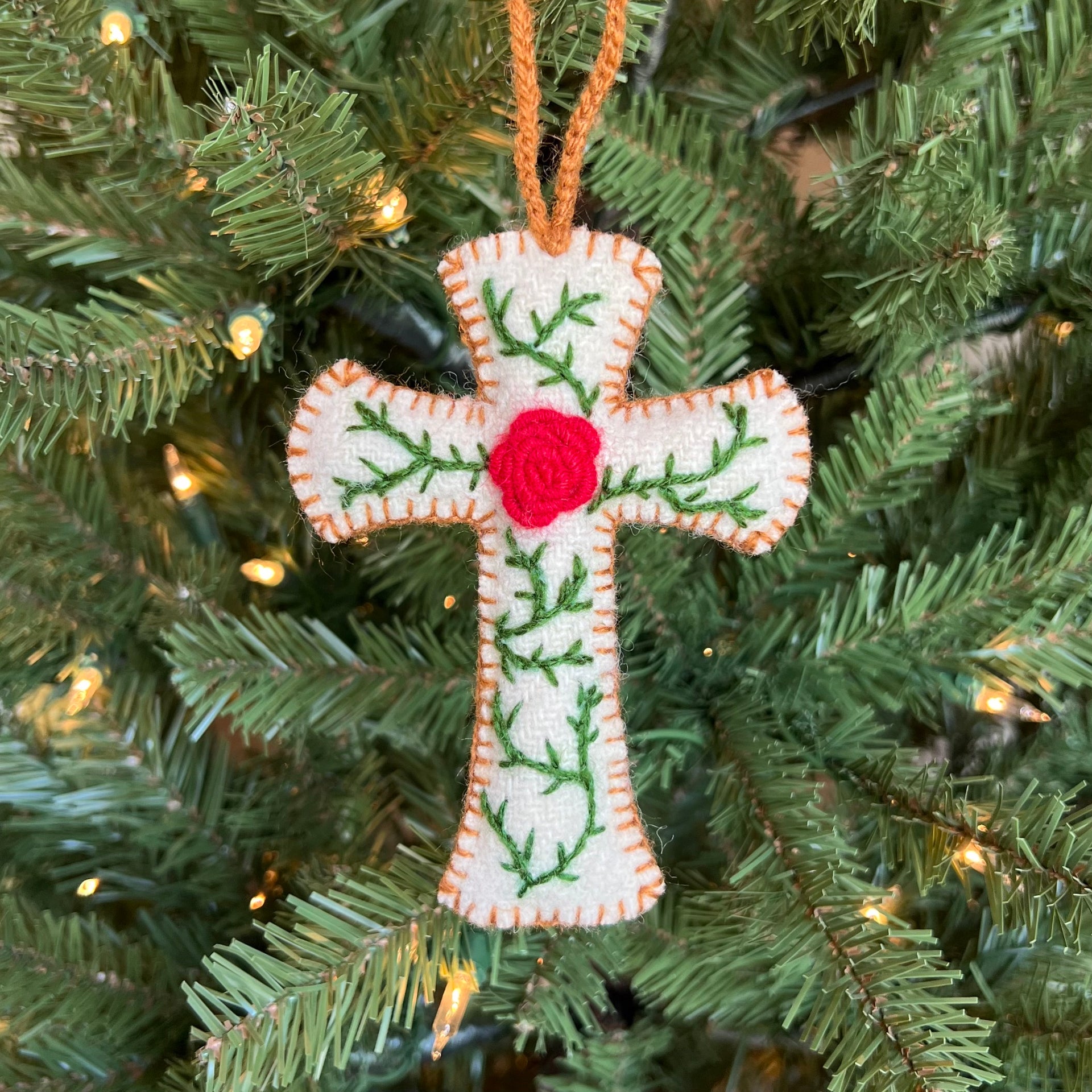 Cross with Rose Ornament, Embroidered Wool