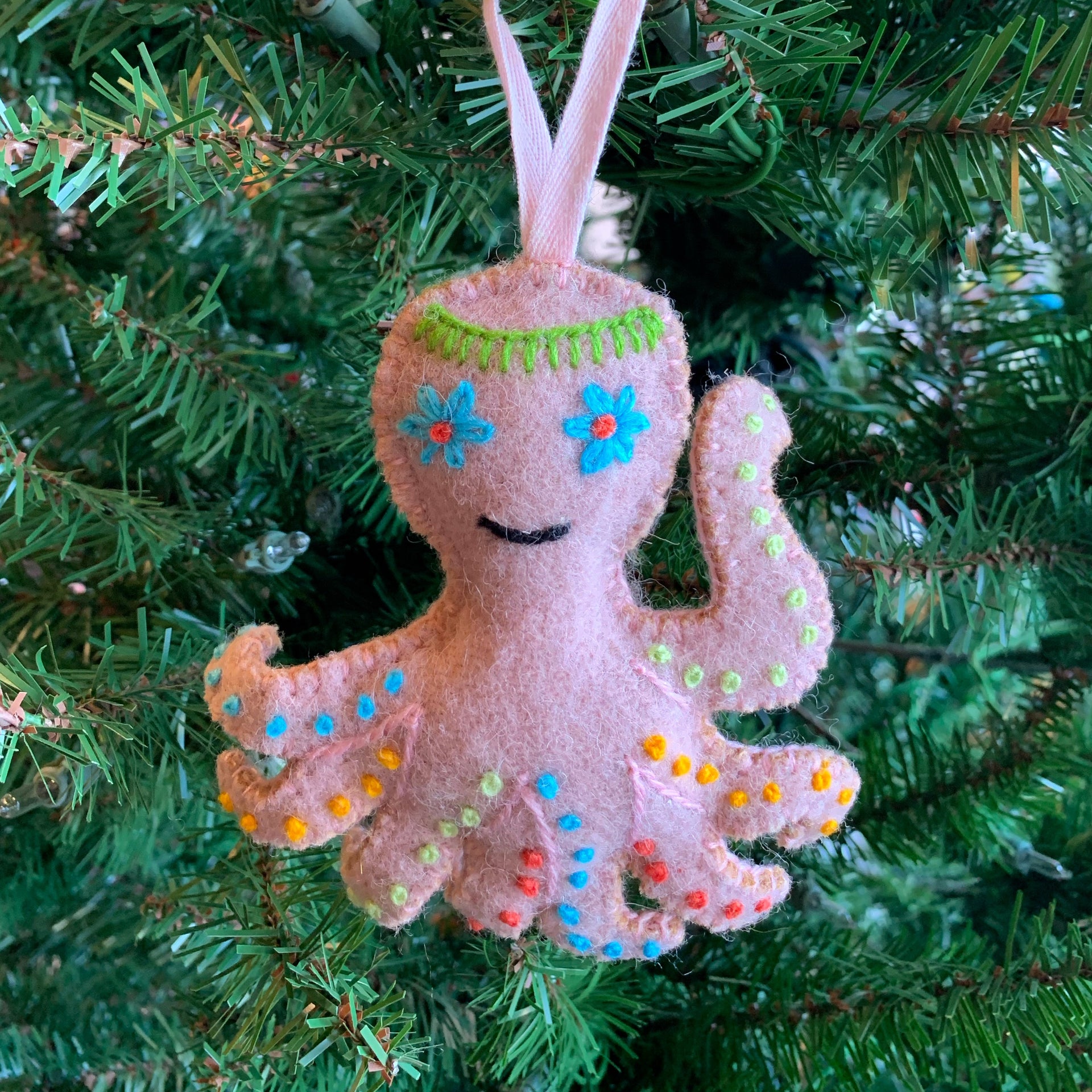 Octopus Ornament, Embroidered Wool