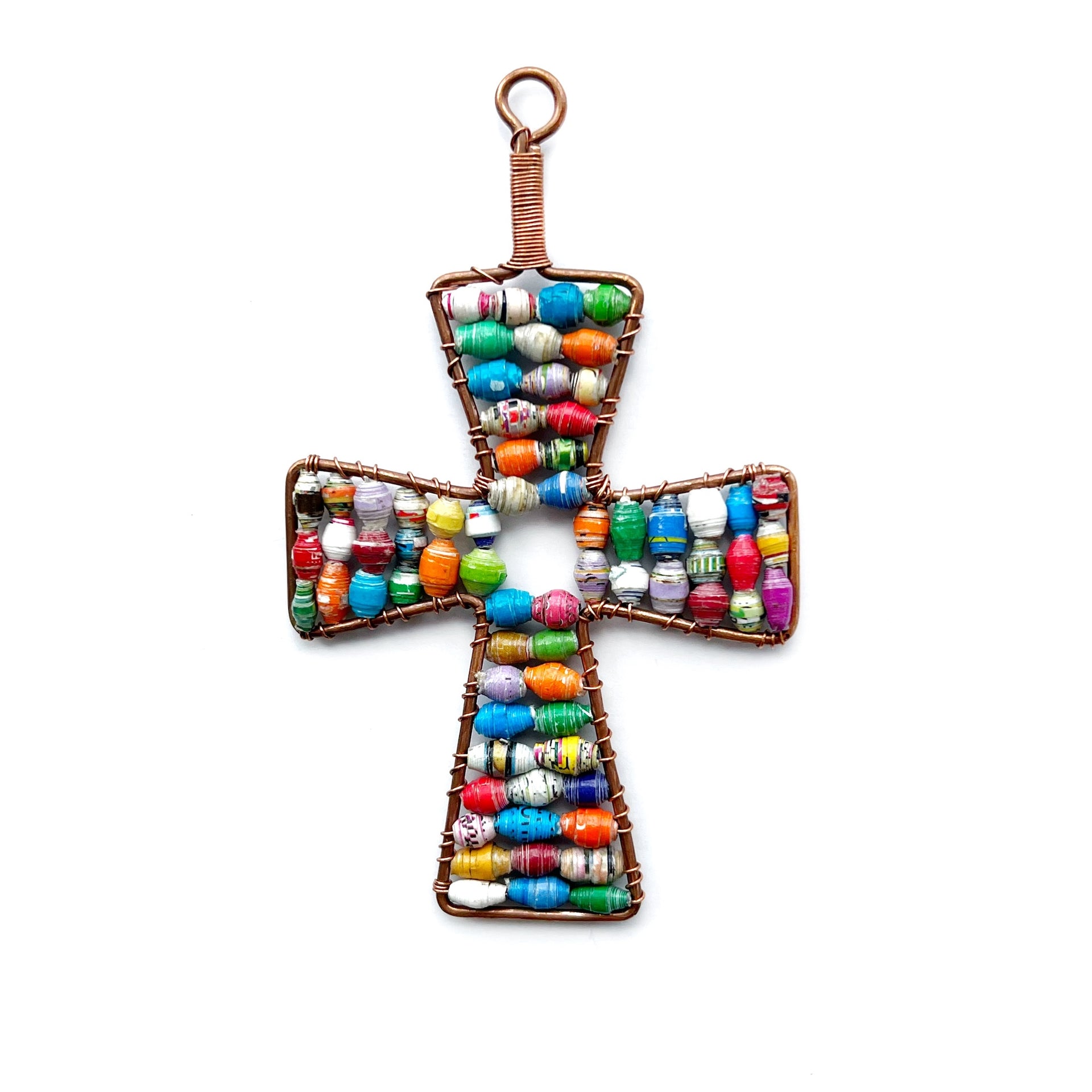 Colorful recycled paper bead cross Christmas ornament with copper edge