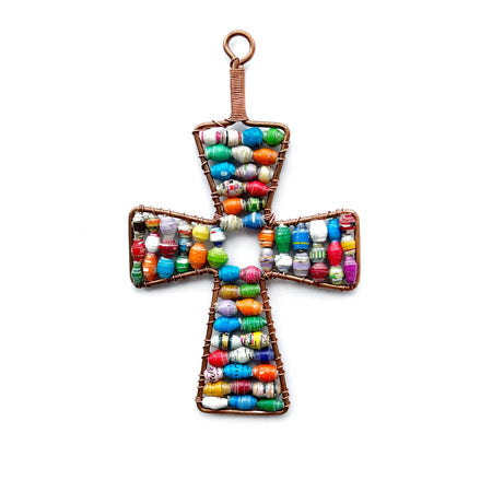 Colorful recycled paper bead cross Christmas ornament with copper edge 
