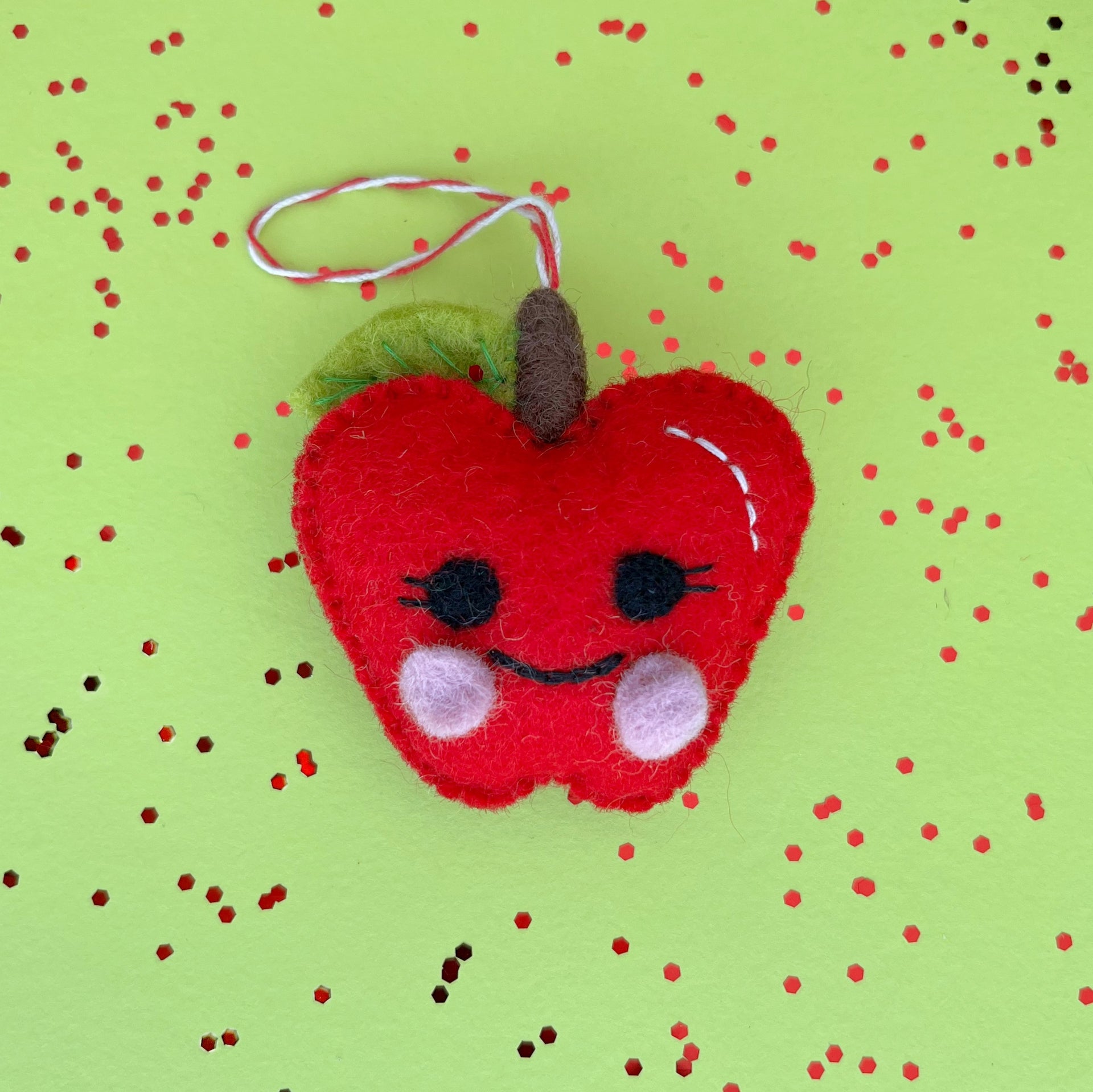 Smiling Apple Ornament, Felt Wool