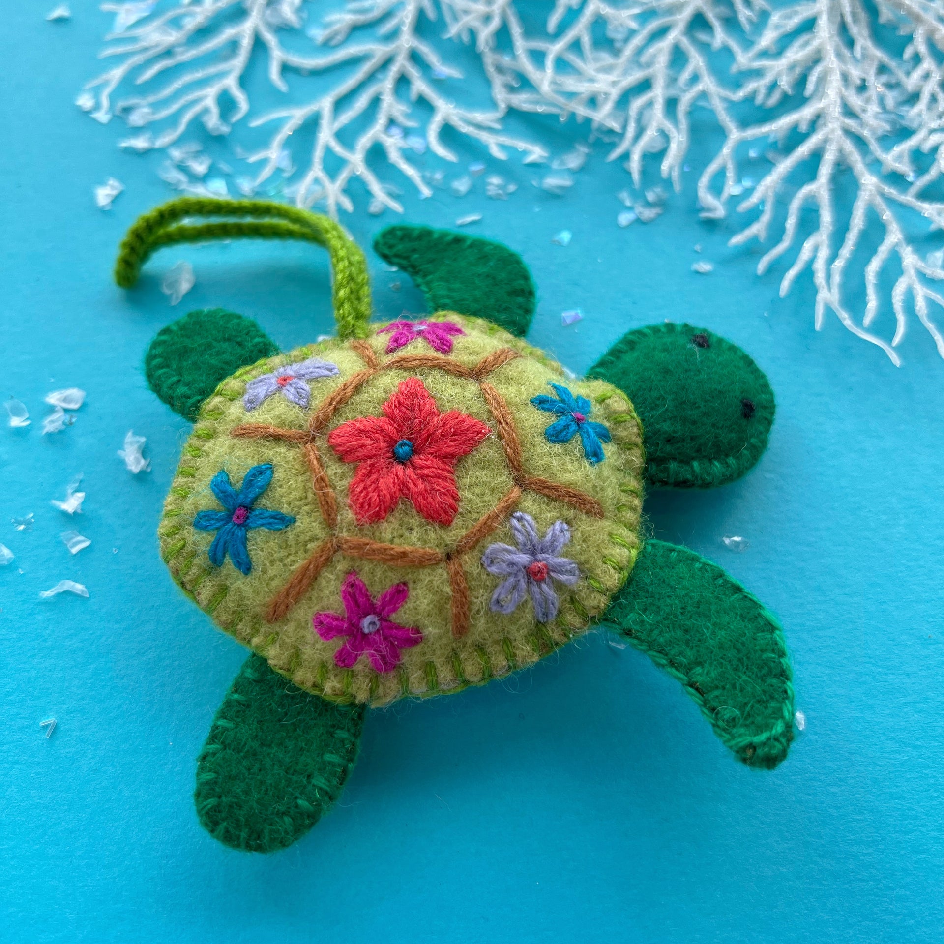 Sea Turtle Ornament, Embroidered Wool