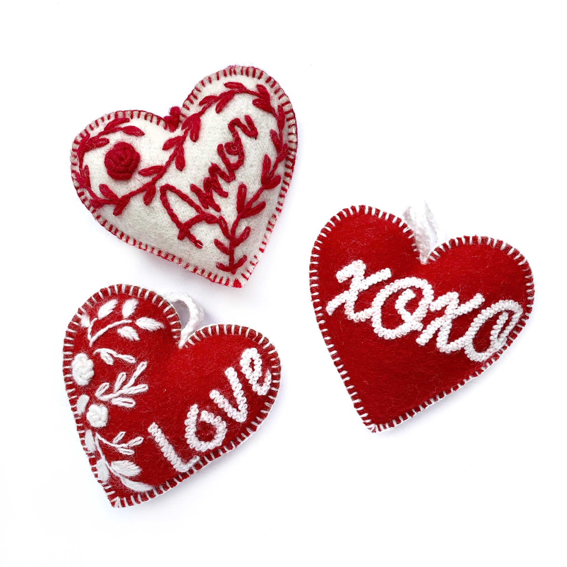Valentine's Heart Ornament Trio, Embroidered Wool