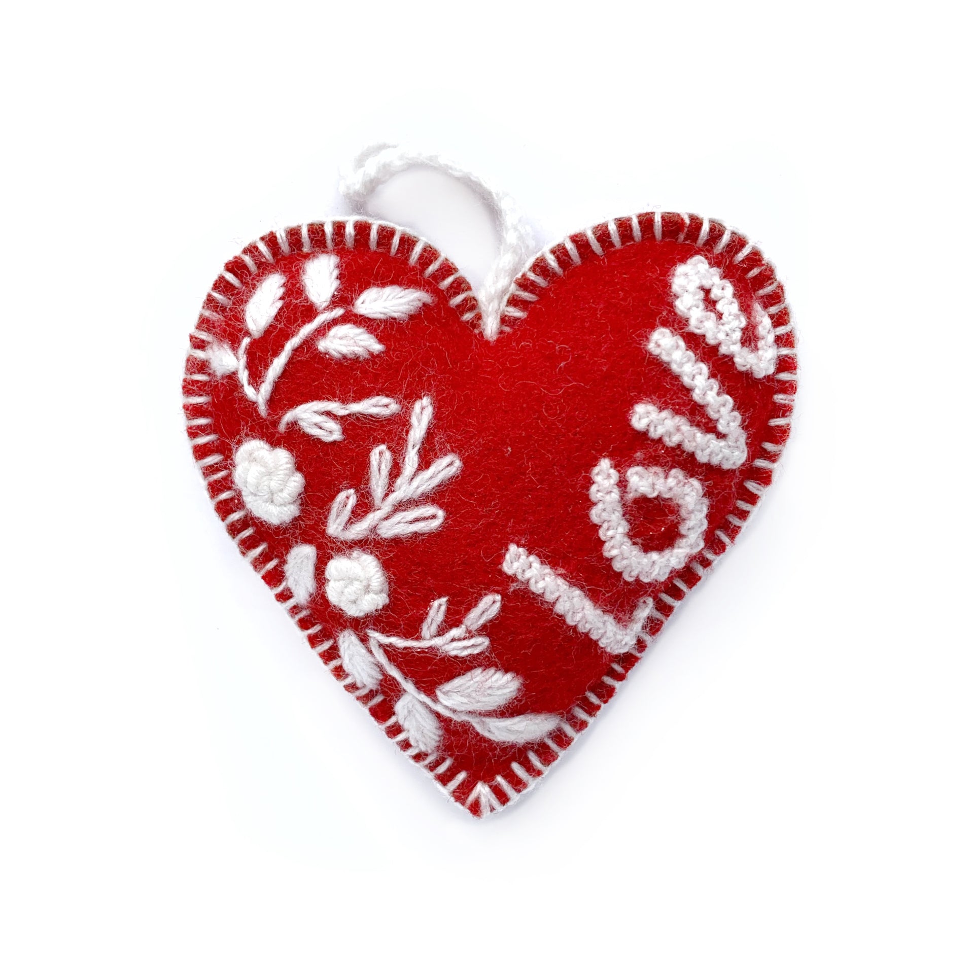 Valentine's Heart Ornament Trio, Embroidered Wool