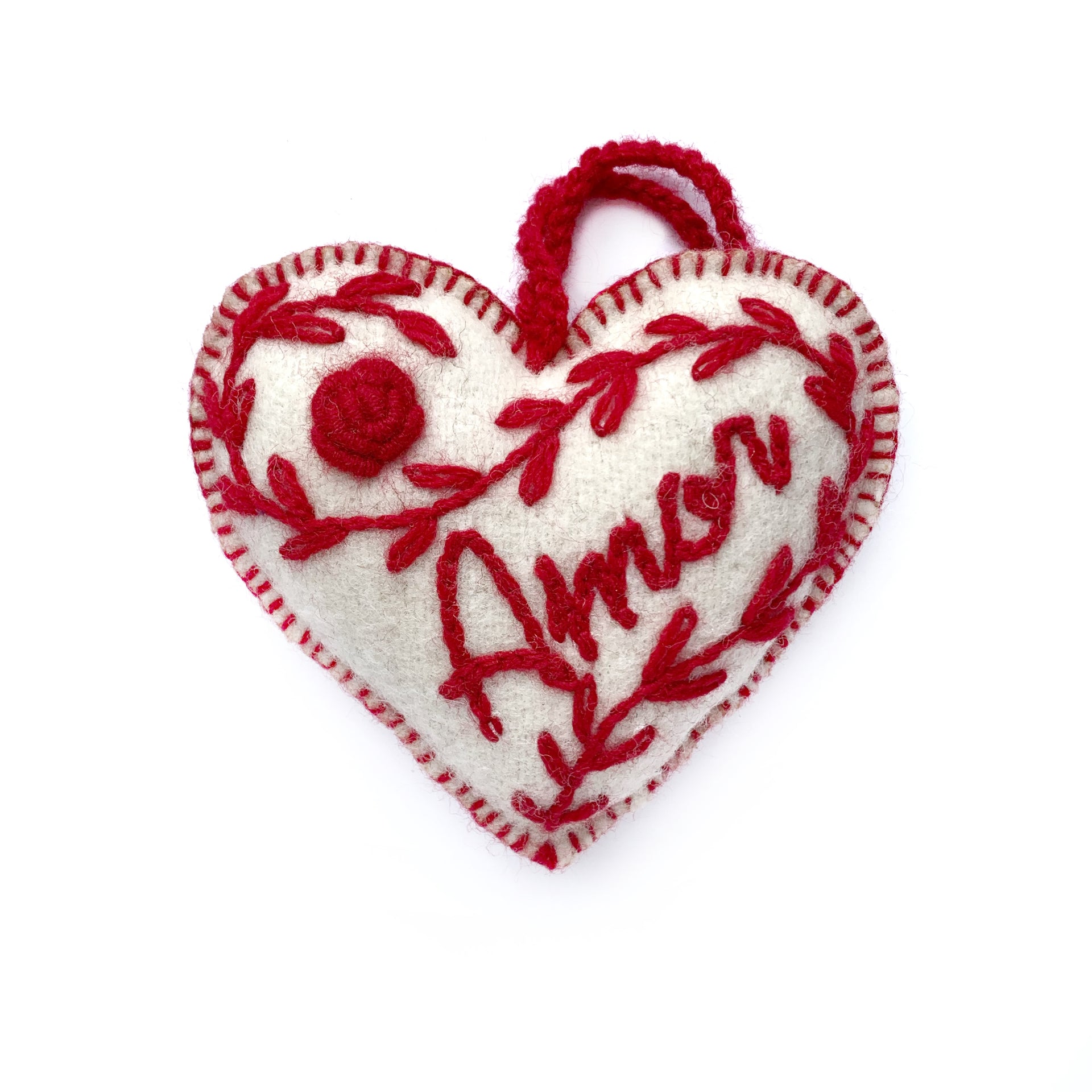 Valentine's Heart Ornament Trio, Embroidered Wool