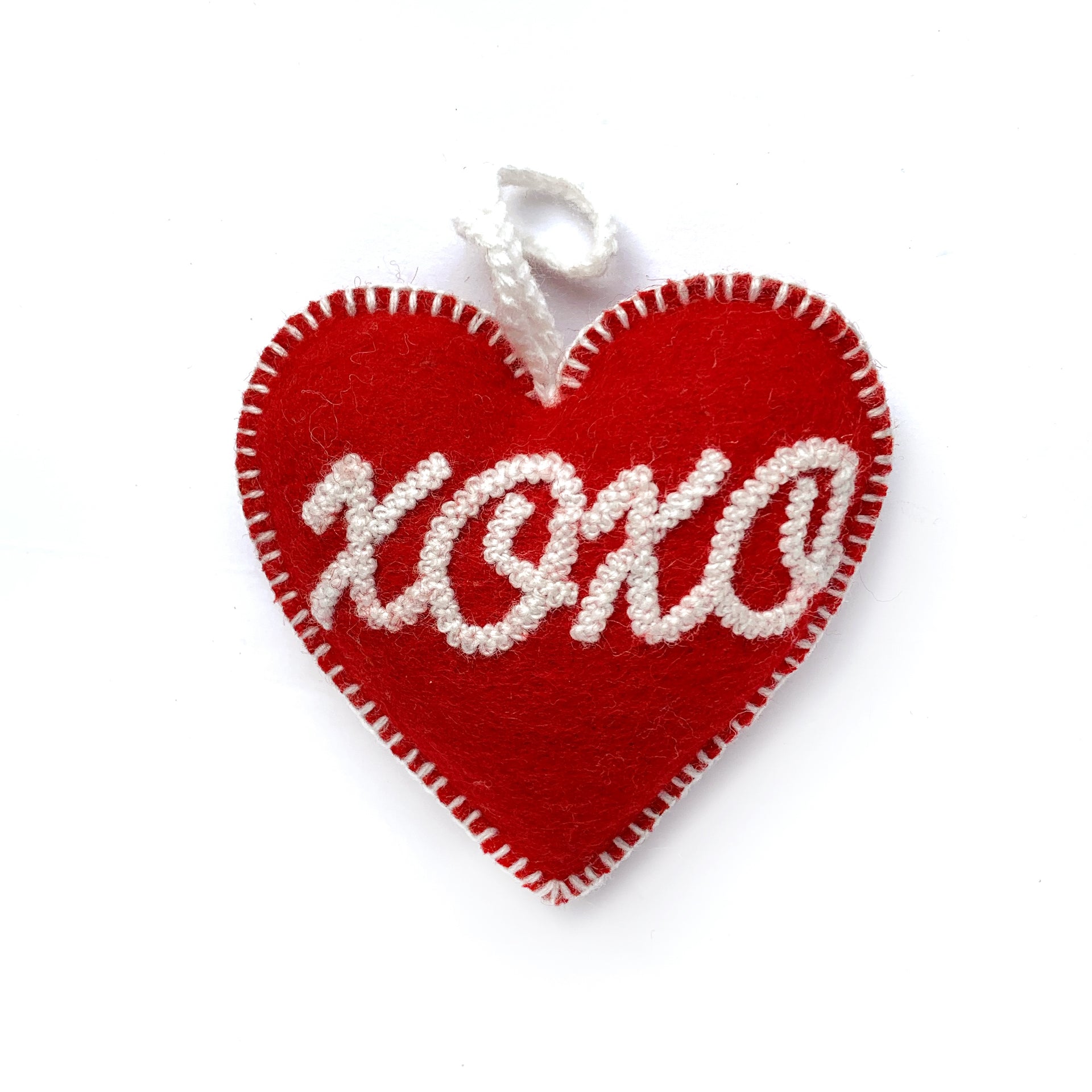 Valentine's Heart Ornament Trio, Embroidered Wool