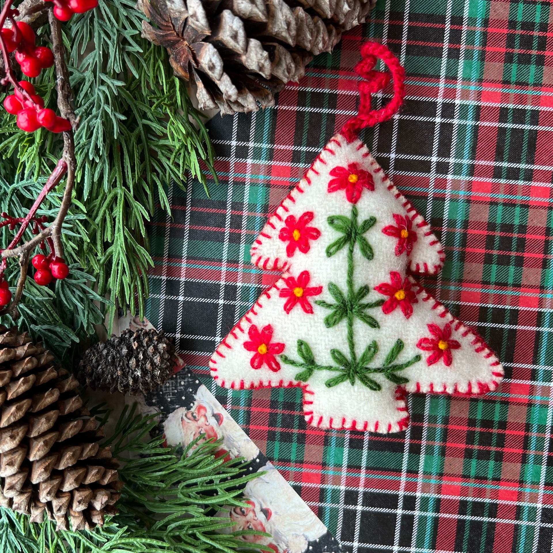 White Tree Ornament, Embroidered Wool