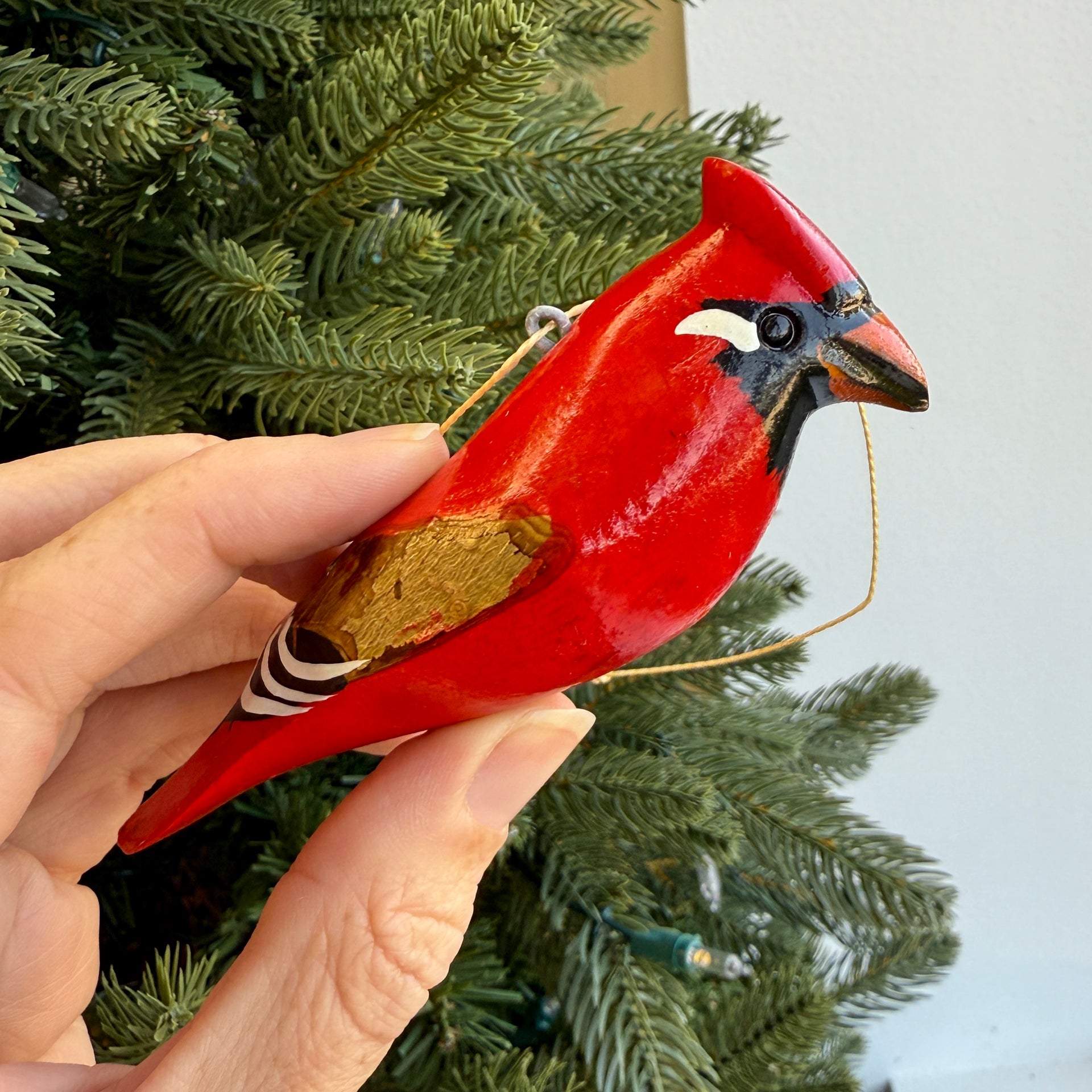 Wood Bird Ornament, Cardinal with Bark Wing