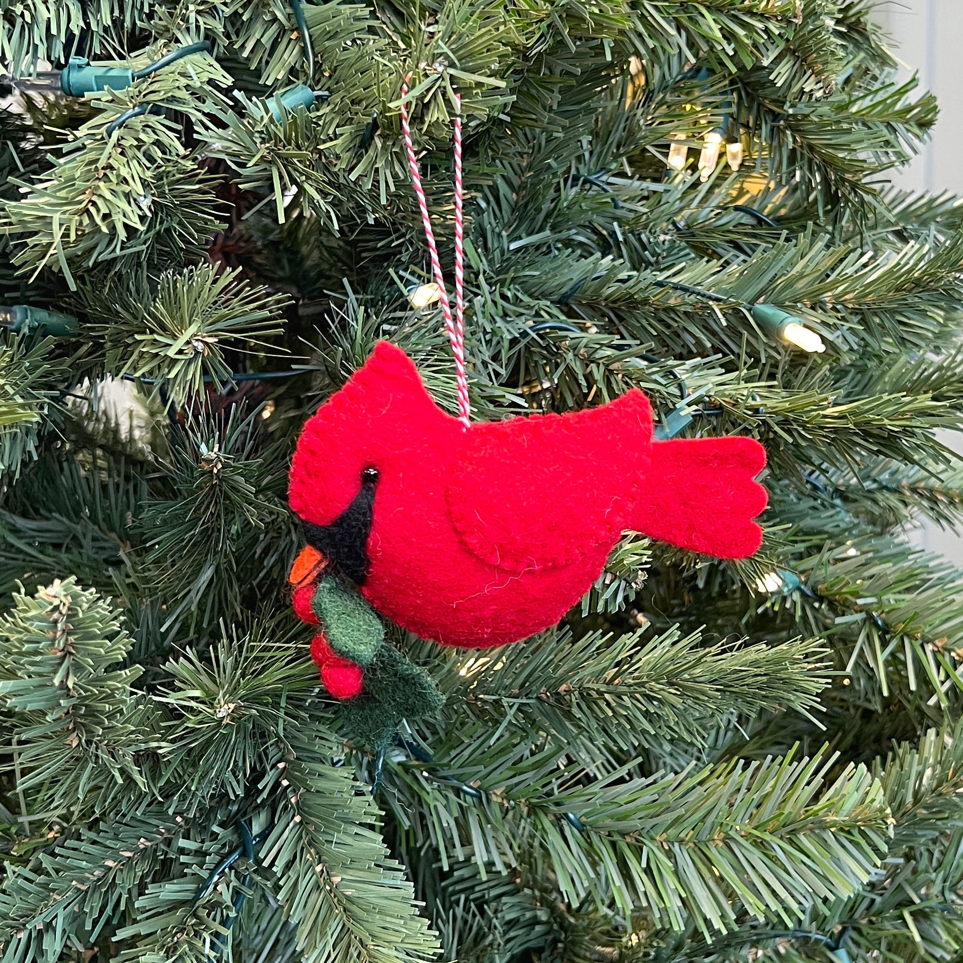 Large Cardinal with Holly Ornament, Felt Wool