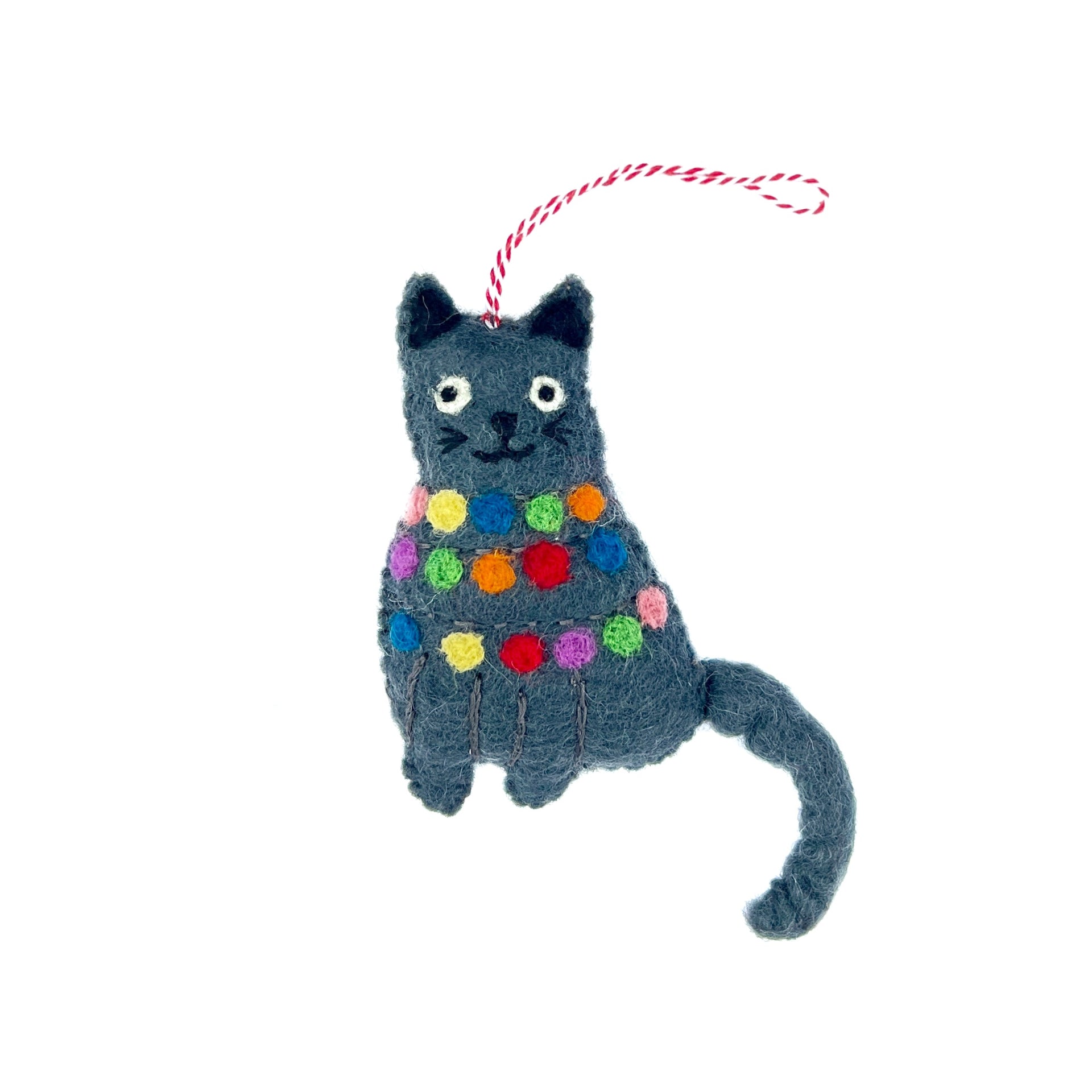 Cat Tangled in Lights Ornament, Felt Wool