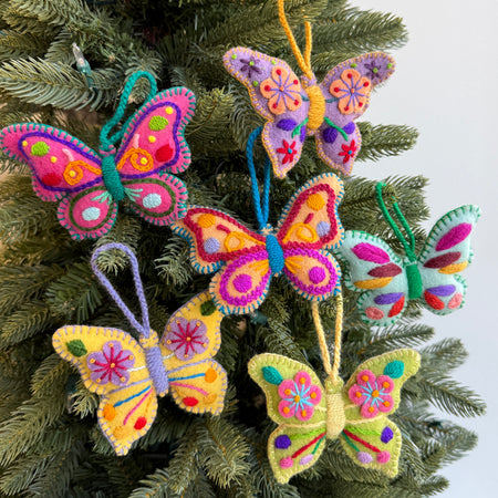 Colorful Butterfly Ornament, Embroidered Wool