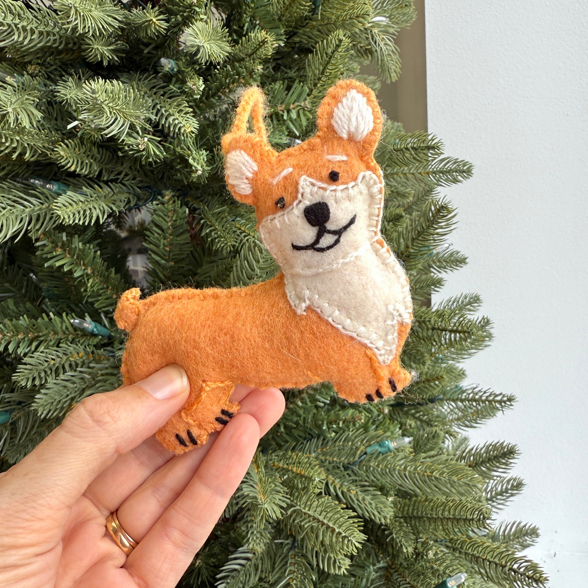 Corgi Dog Ornament, Embroidered Wool