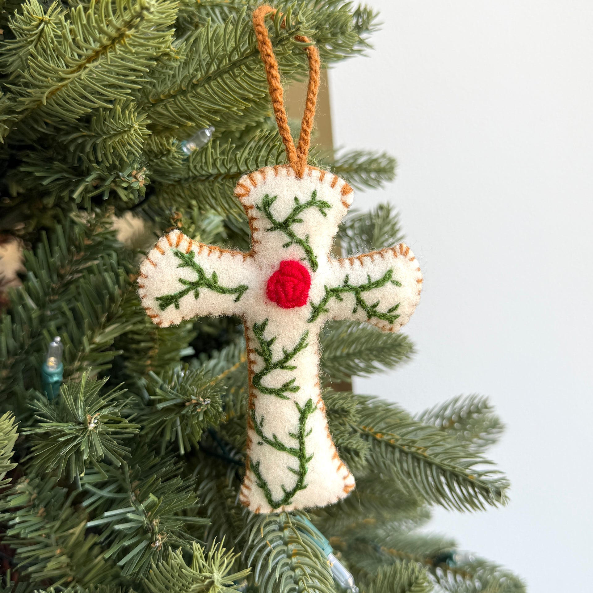 Cross with Rose Ornament, Embroidered Wool