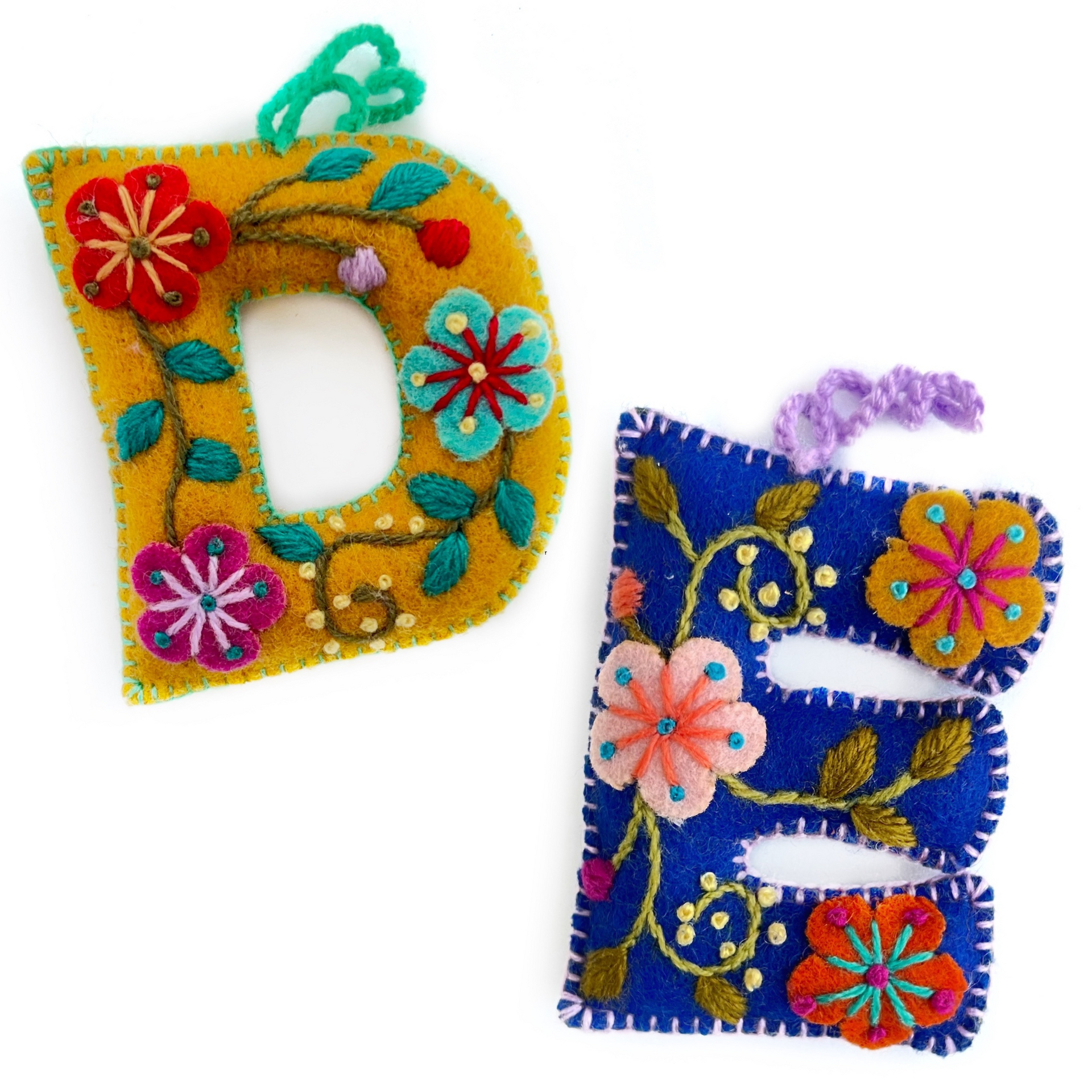 Colorful Letter Ornament, Embroidered Wool