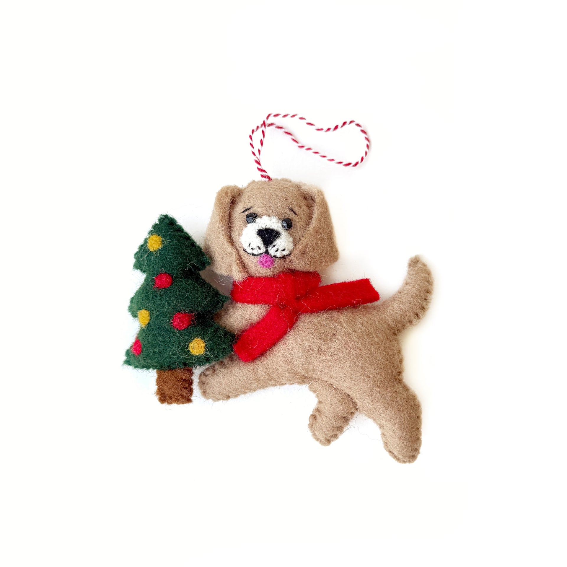 Puppy Dog with Christmas Tree Ornament, Felt Wool